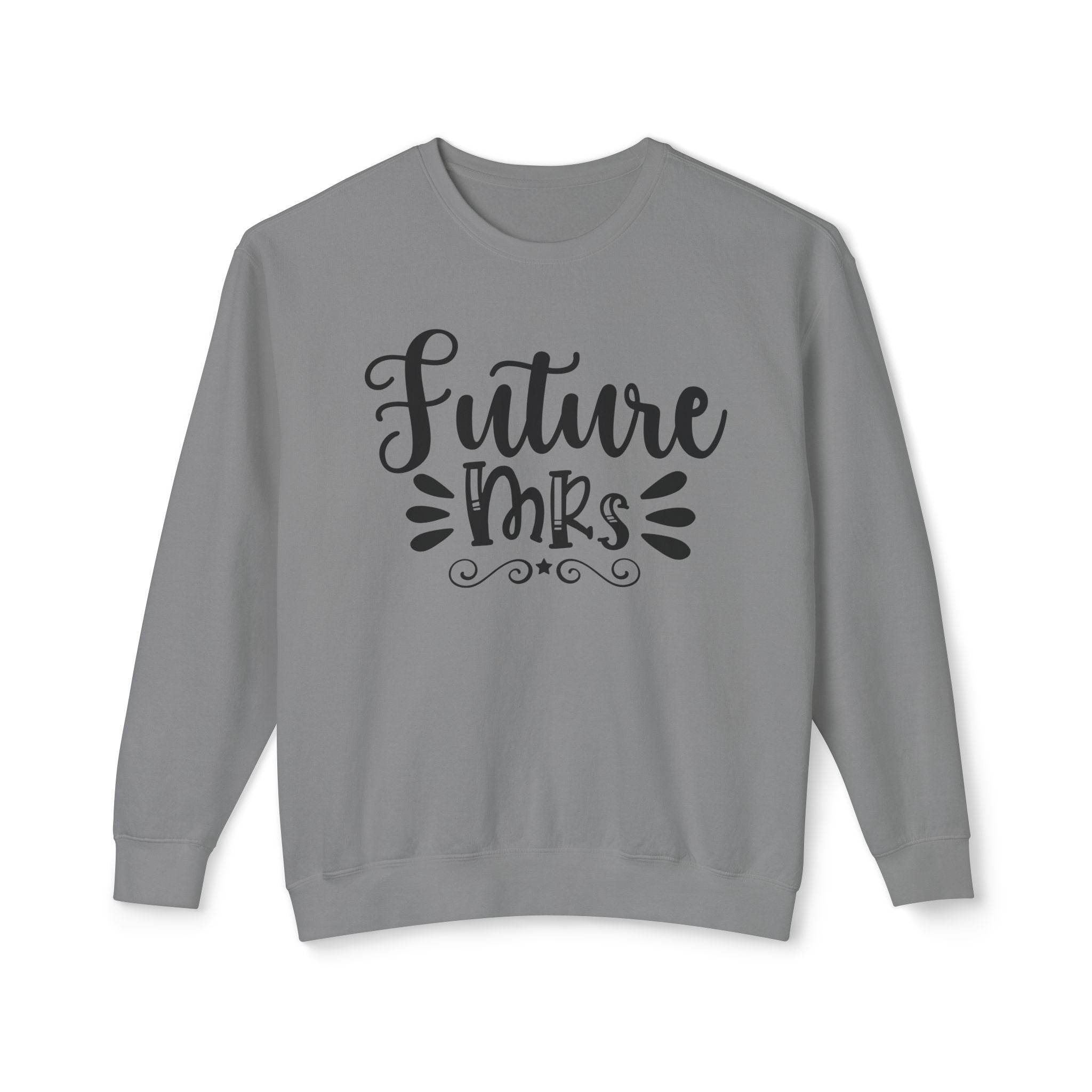 Printify gray crewneck eco-friendly bridal sweatshirt with Future Mrs script and decorative flourishes