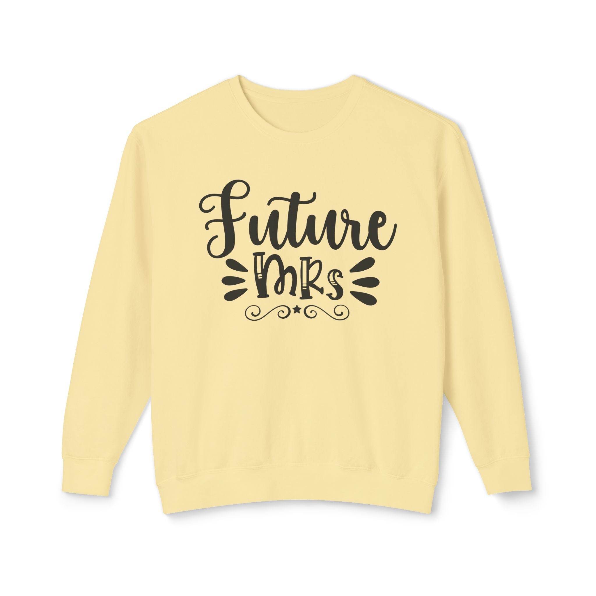 Printify pale yellow sweatshirt with black Future Mrs script design eco-friendly bridal sweatshirt