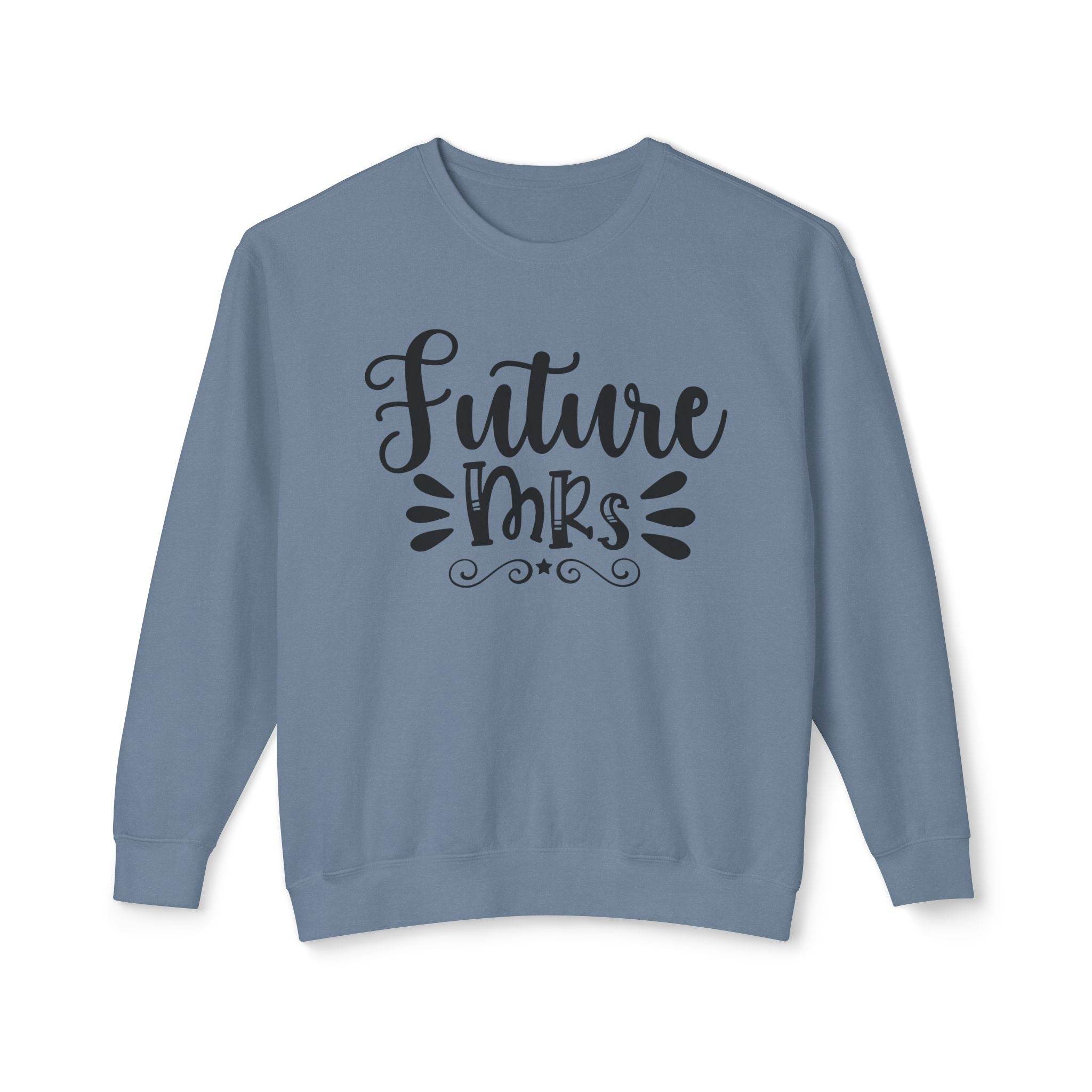 Printify blue crewneck sweatshirt with black Future Mrs script design eco-friendly bridal sweatshirt for wedding prep