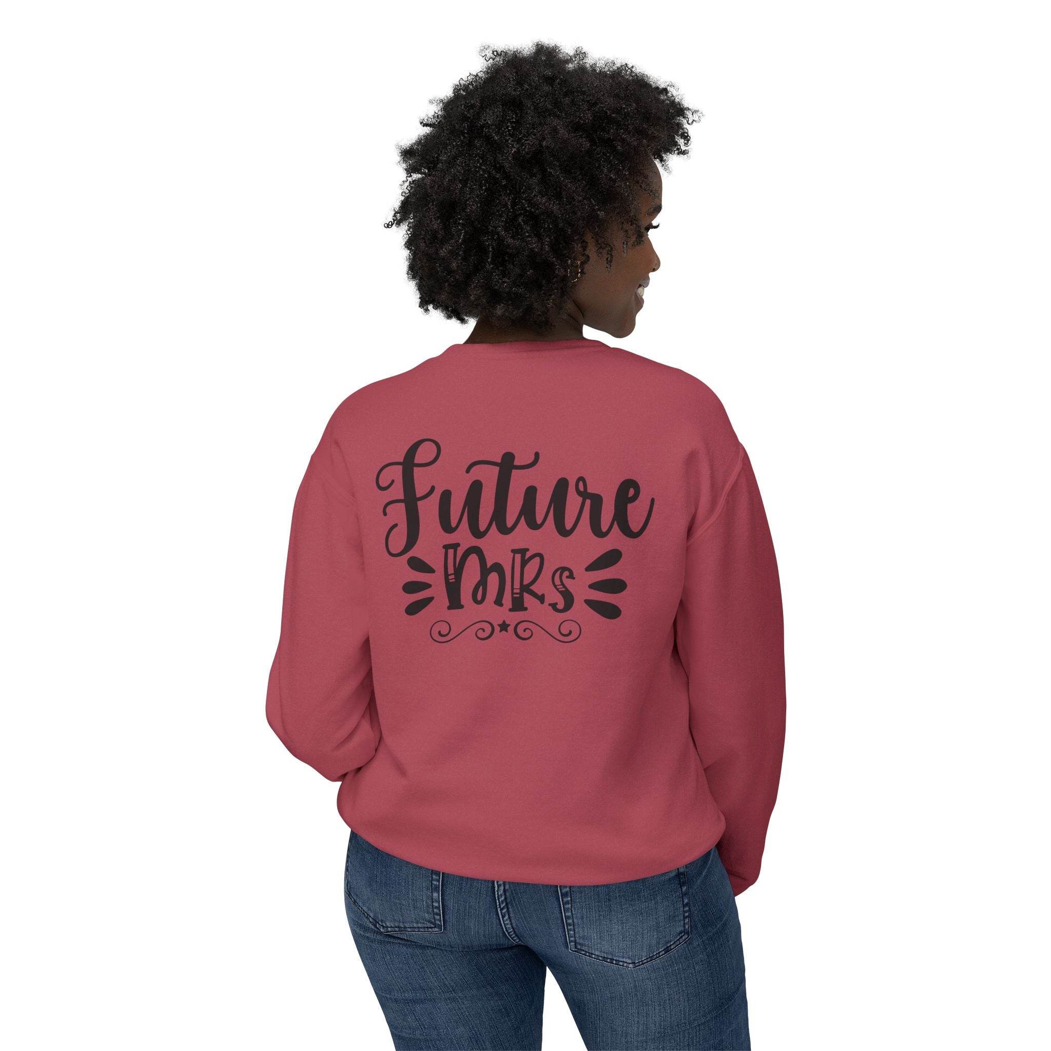 Printify eco-friendly bridal sweatshirt dusty rose with Future Mrs black script back print on model wearing jeans