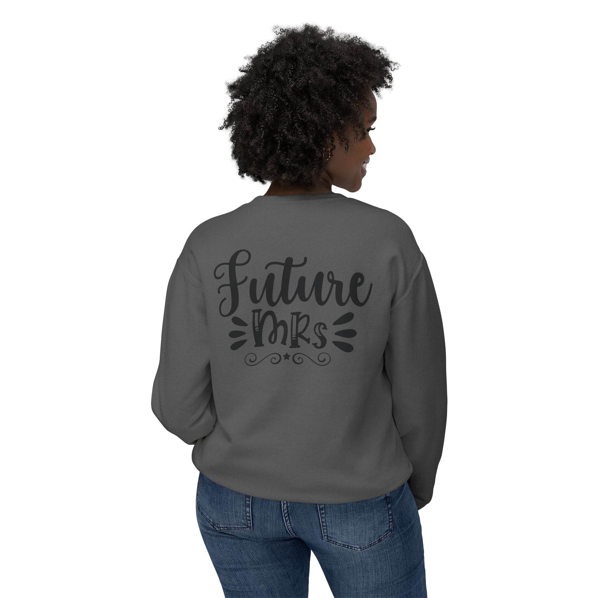 Printify eco-friendly bridal sweatshirt gray womens back view with Future Mrs script design