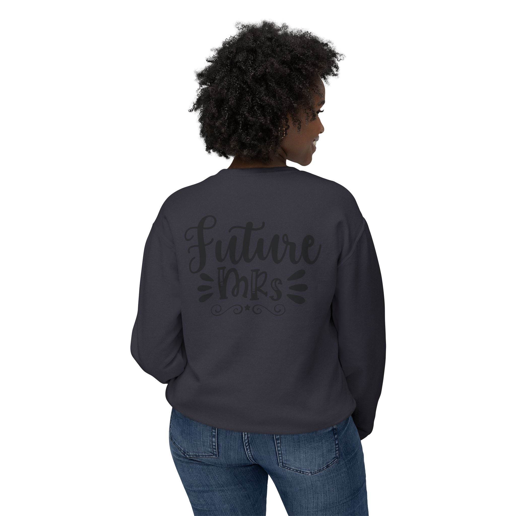 Printify charcoal sweatshirt back view with Future Mrs script on womens eco-friendly bridal sweatshirt