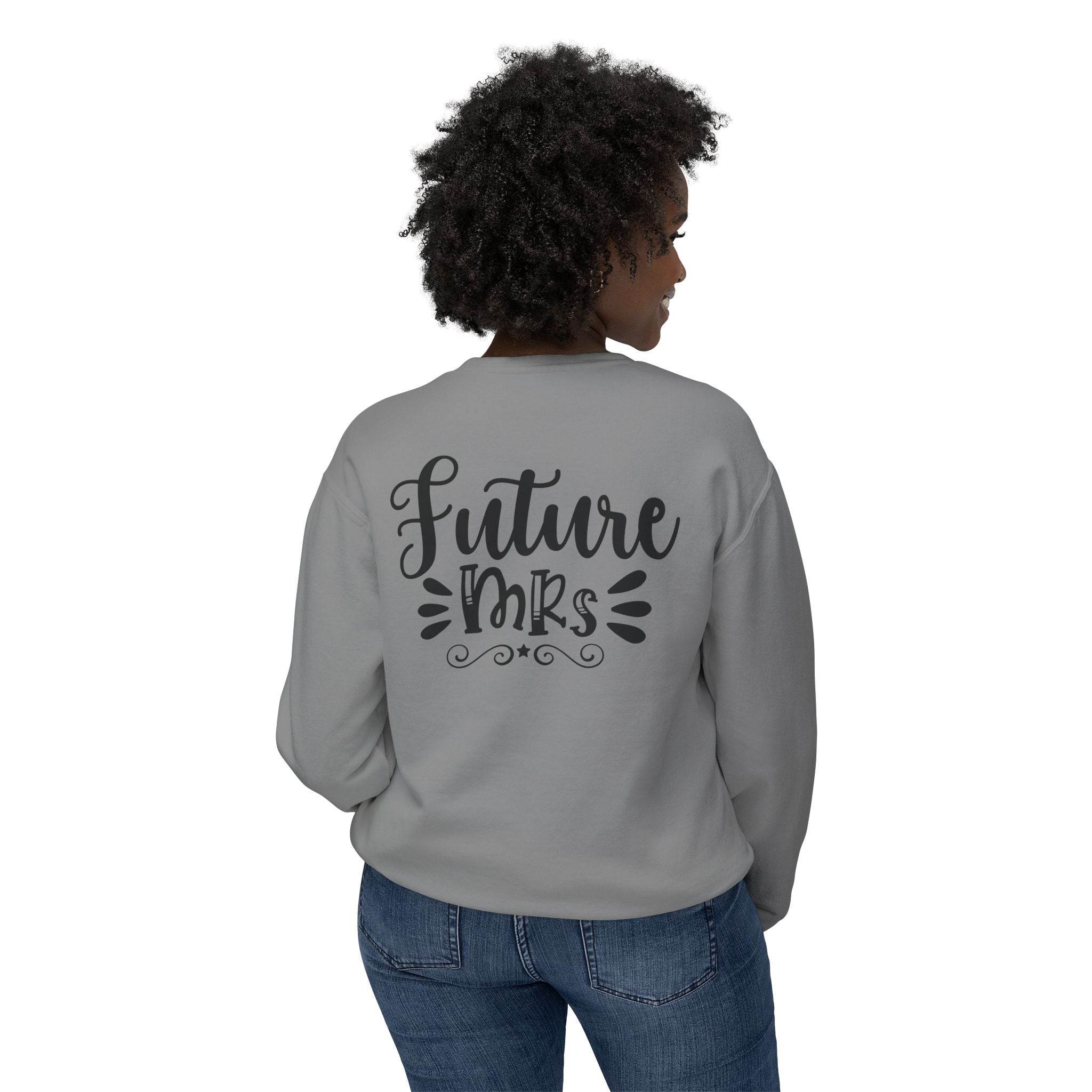 Printify gray sweatshirt back view with scripted Future Mrs print on model eco-friendly bridal sweatshirt