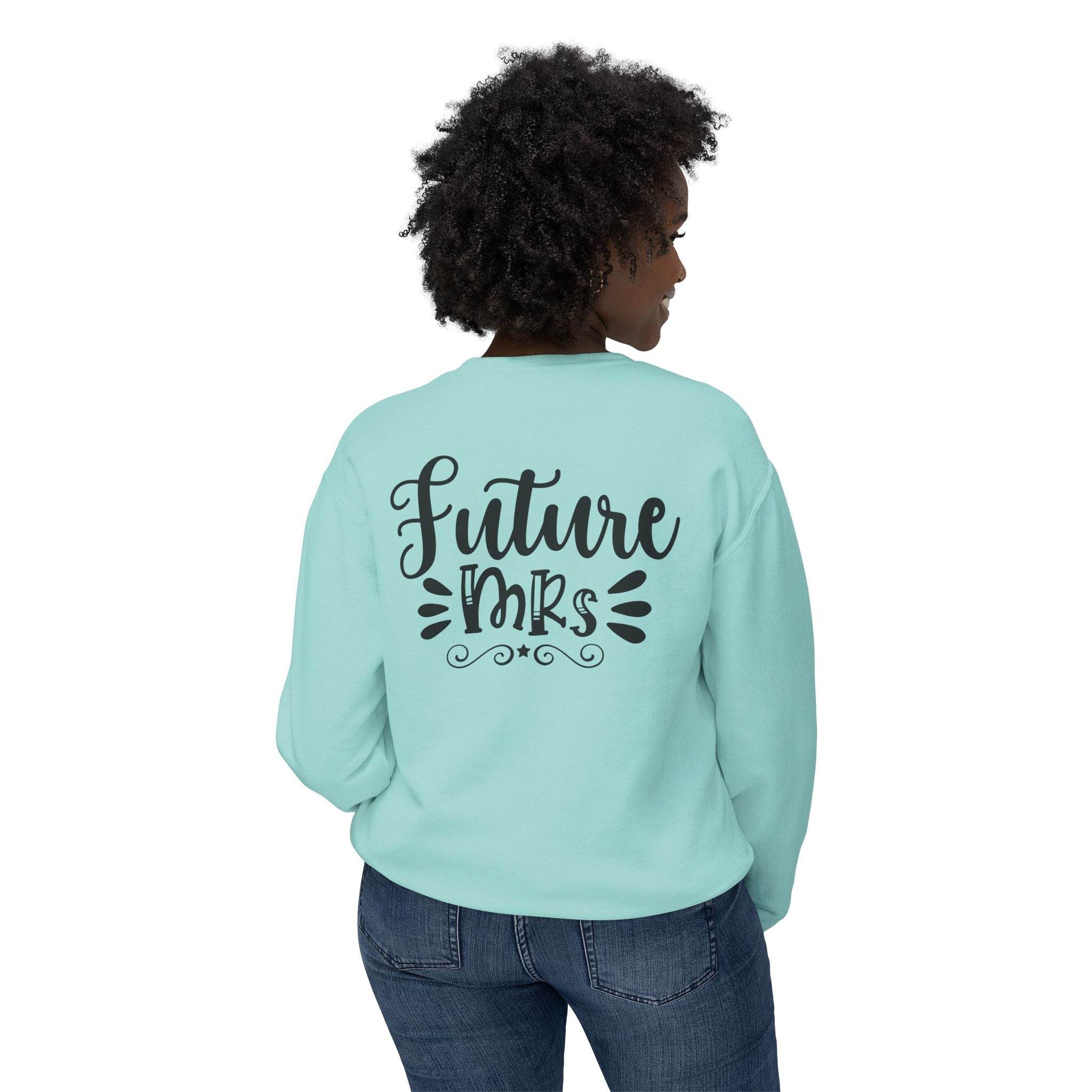 Printify mint green sweatshirt back view with Future Mrs black script worn by model eco-friendly bridal sweatshirt