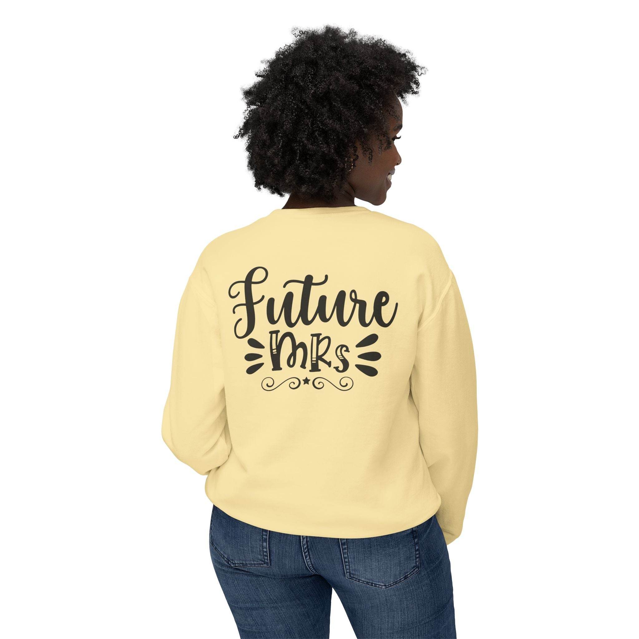Printify yellow sweatshirt with black Future Mrs back print on woman model eco-friendly bridal sweatshirt