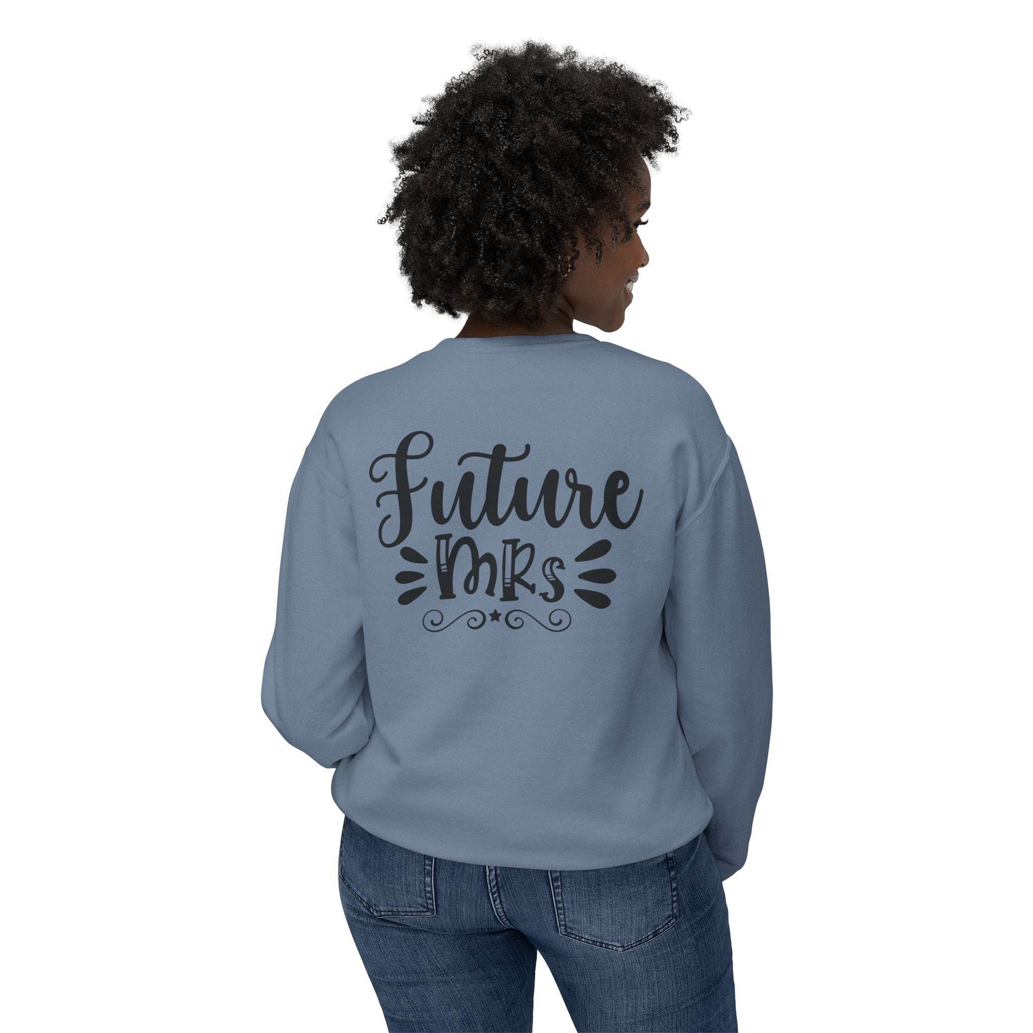 Printify eco-friendly bridal sweatshirt blue crewneck with Future Mrs script on back and model wearing jeans
