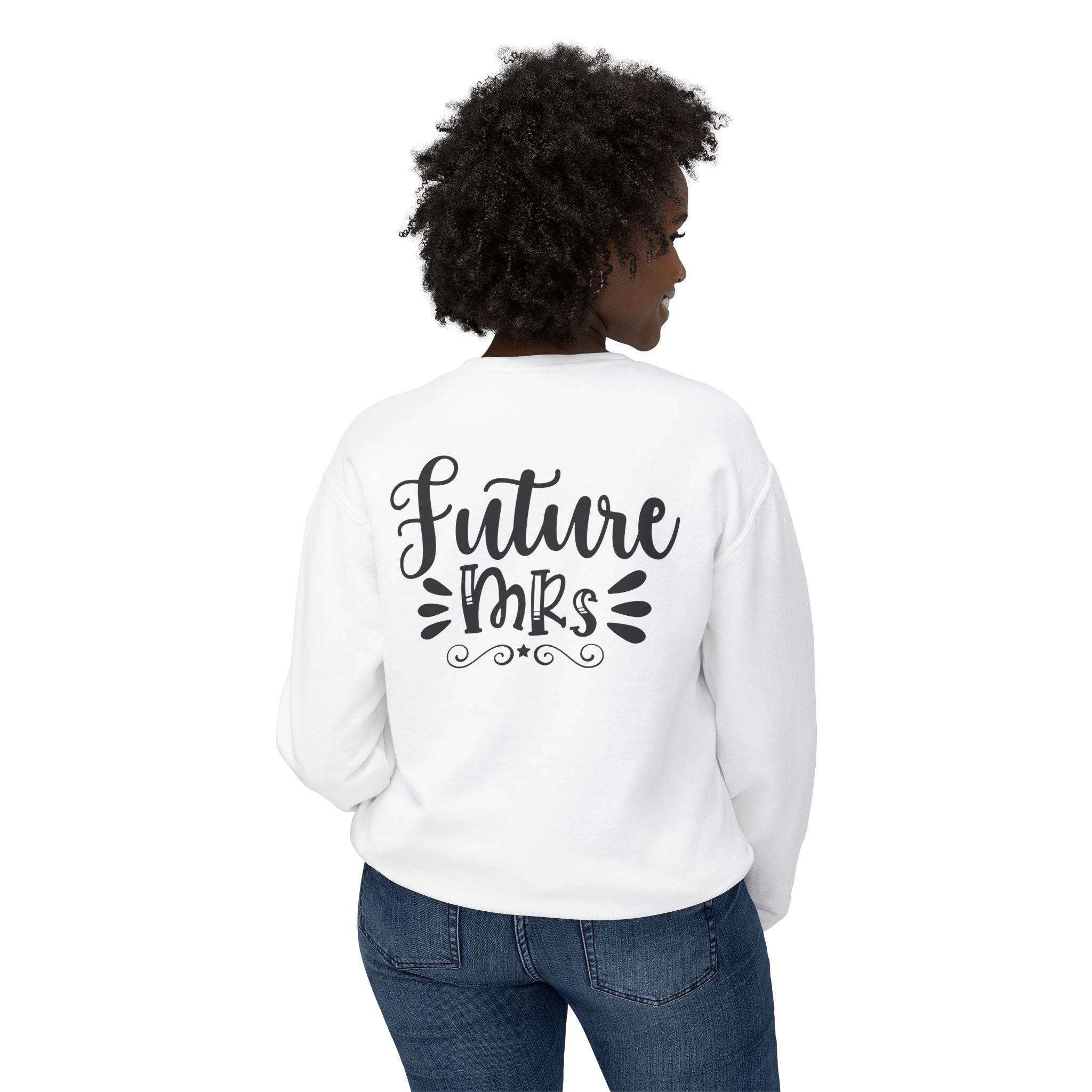 Printify white sweatshirt back view with Future Mrs black script print worn by model eco-friendly bridal sweatshirt
