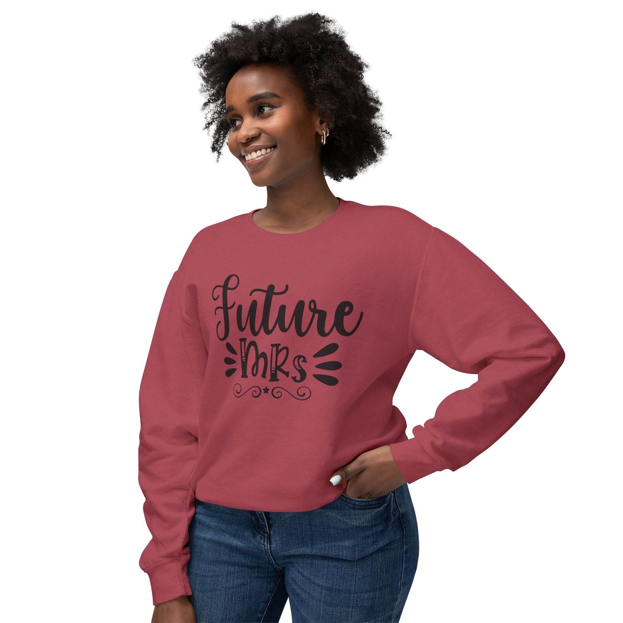 Printify womens dusty rose sweatshirt with black Future Mrs script worn by smiling model eco-friendly bridal sweatshirt