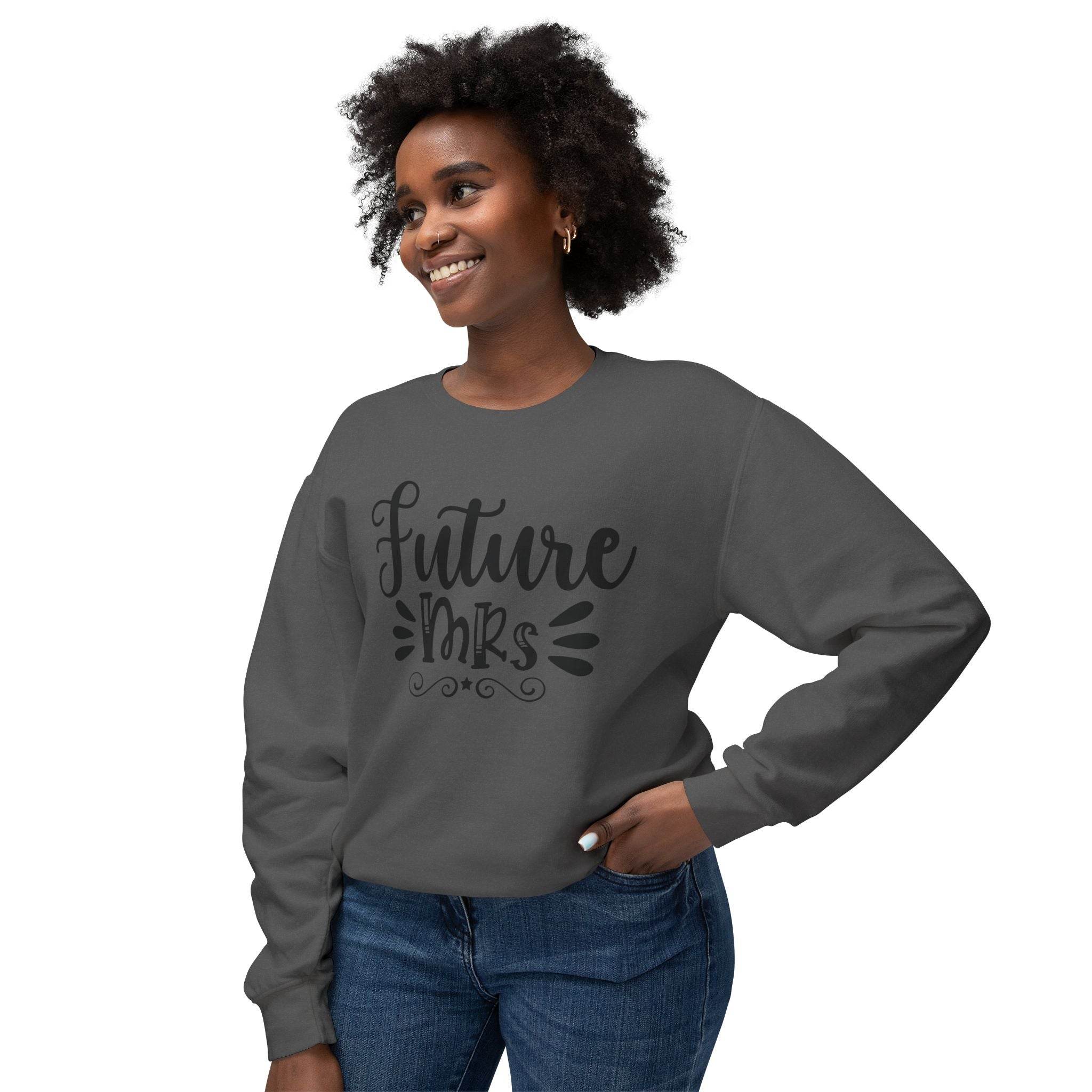 Printify eco-friendly bridal sweatshirt dark gray crewneck with Future Mrs script on smiling model