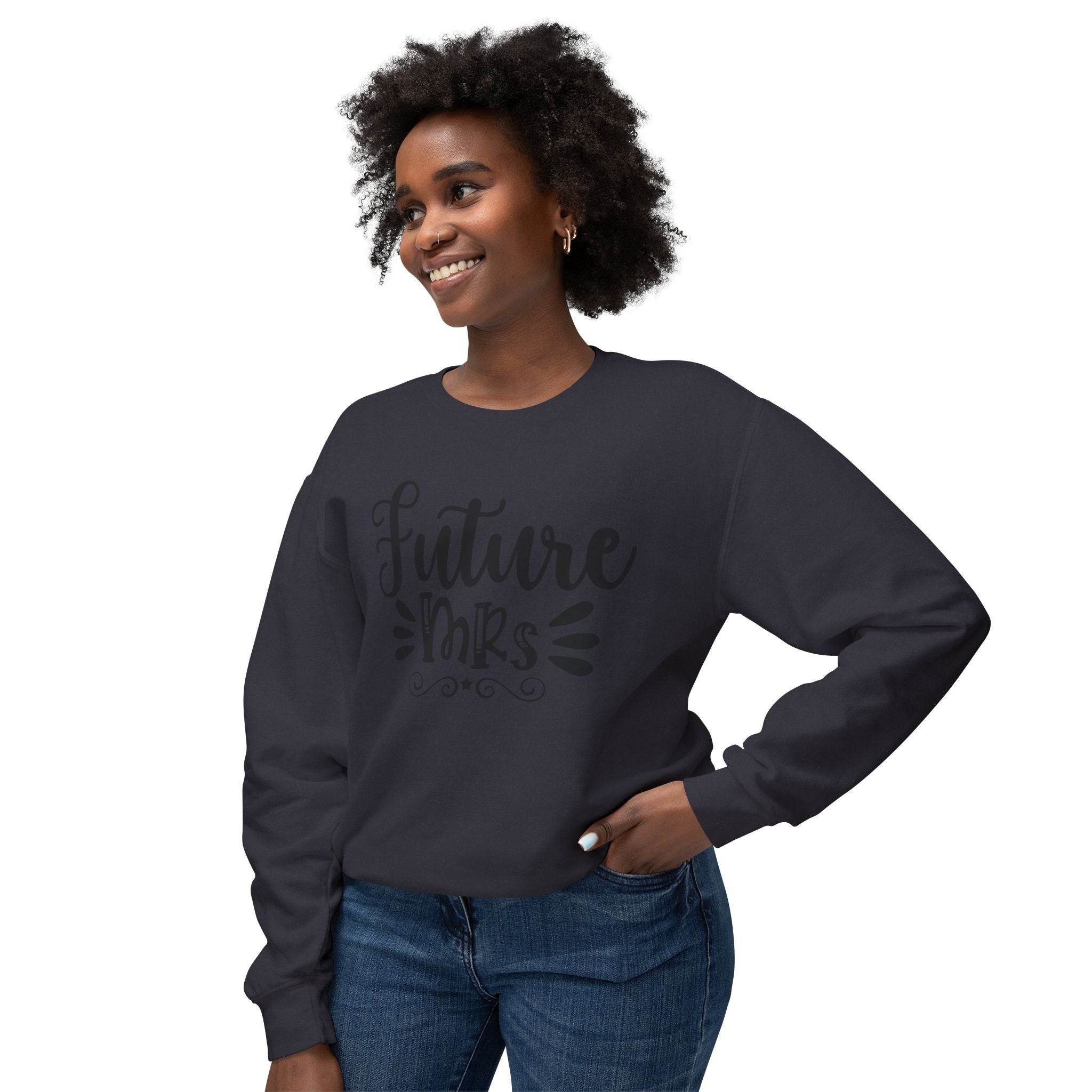 Smiling woman modeling Printify black eco-friendly bridal sweatshirt with Future Mrs script print