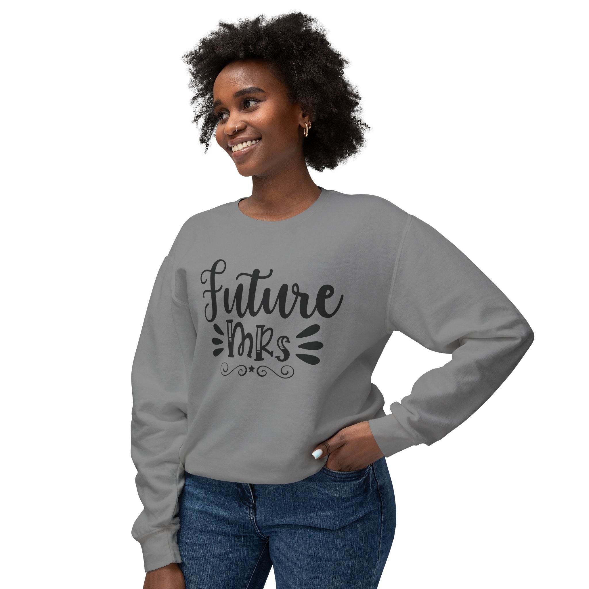 Printify gray sweatshirt worn by smiling woman with Future Mrs script design eco-friendly bridal sweatshirt