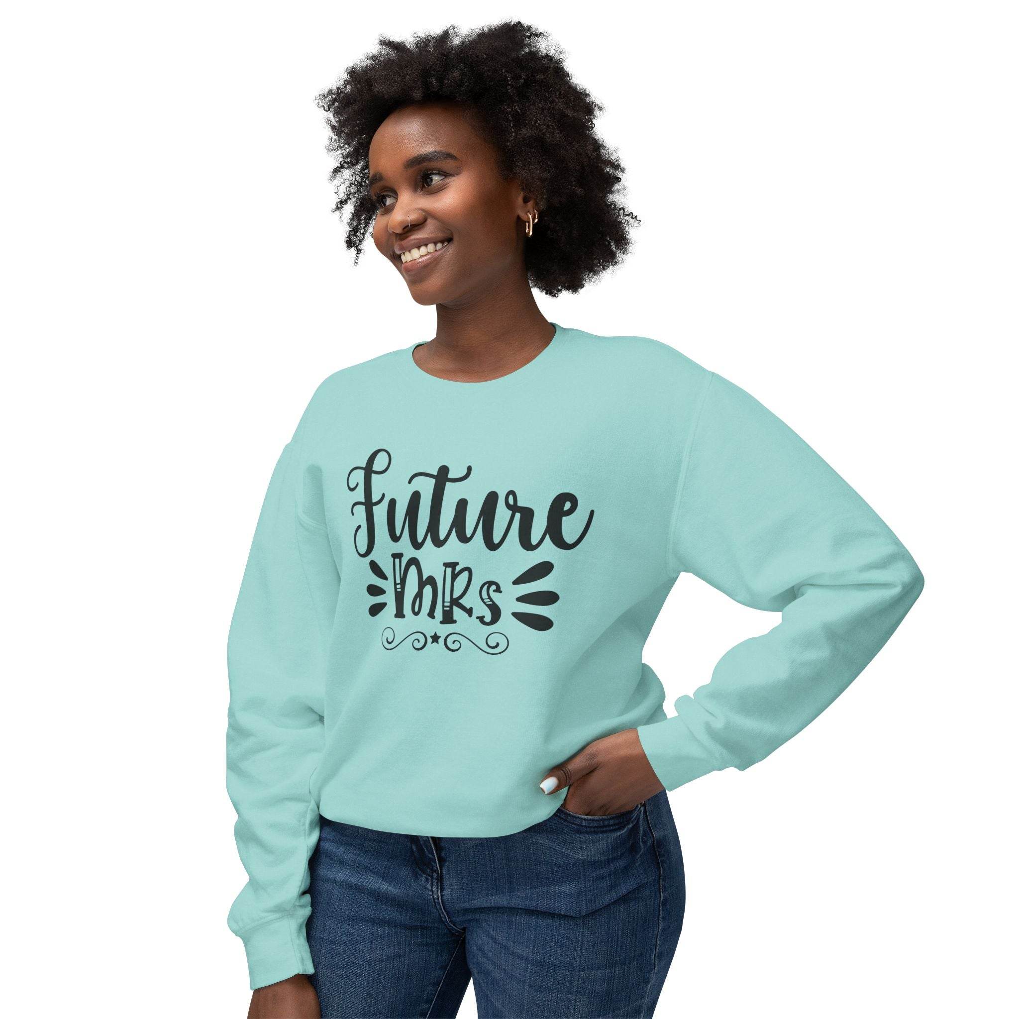 Smiling woman wearing a mint crewneck Printify eco-friendly bridal sweatshirt reading Future Mrs in black script