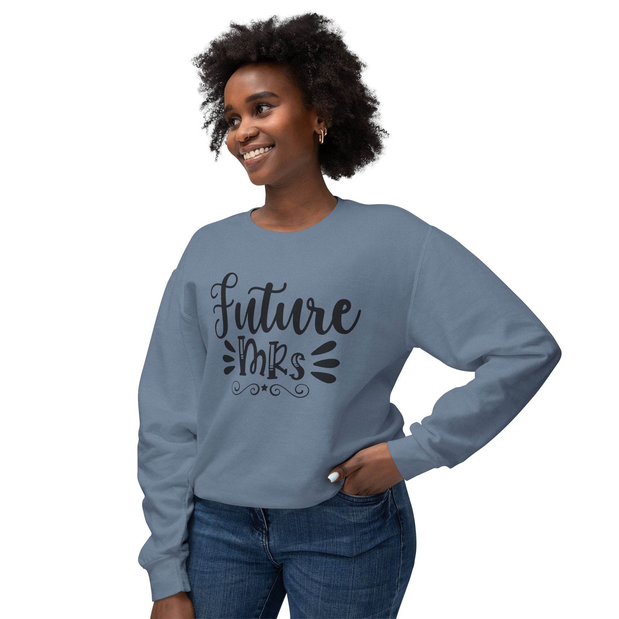 Printify eco-friendly bridal sweatshirt blue crewneck Future Mrs print modeled by smiling woman in jeans