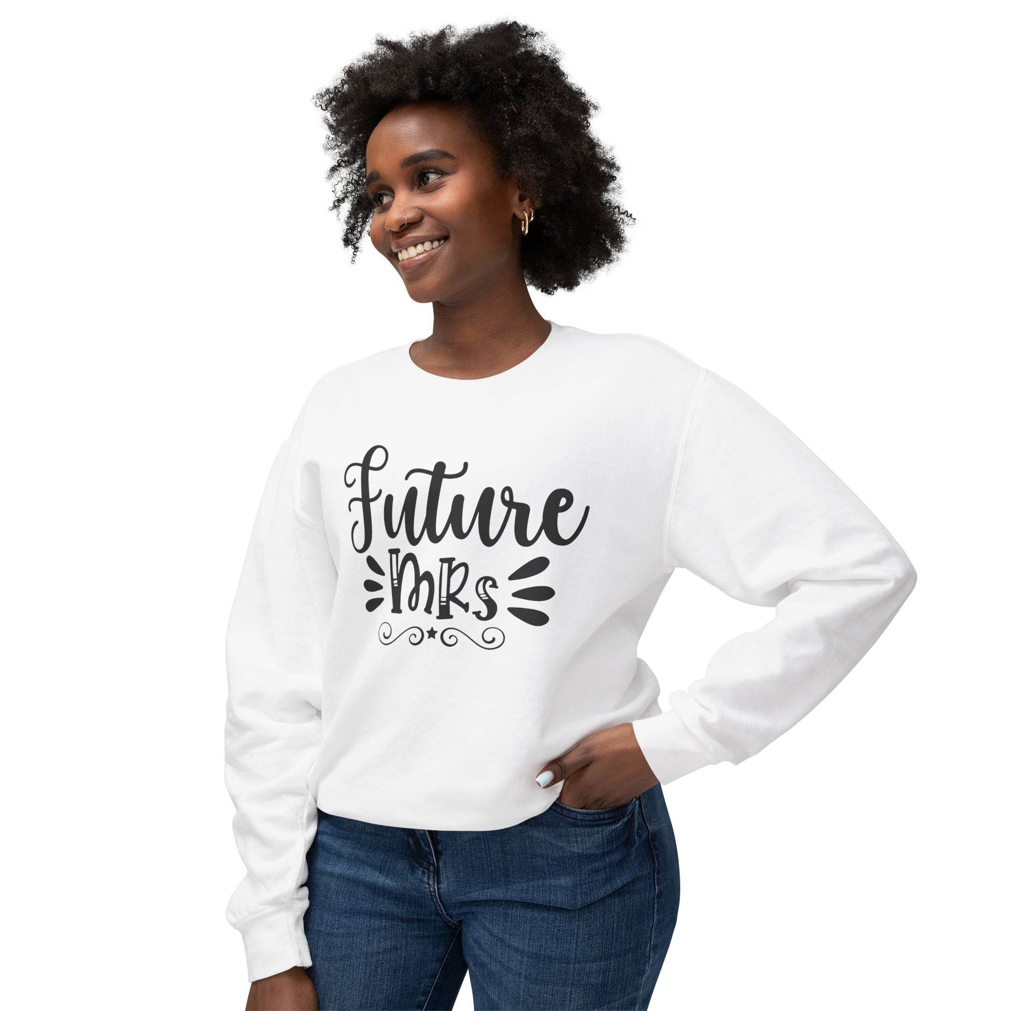 Printify eco-friendly bridal sweatshirt white Future Mrs graphic crewneck on smiling model casual fit