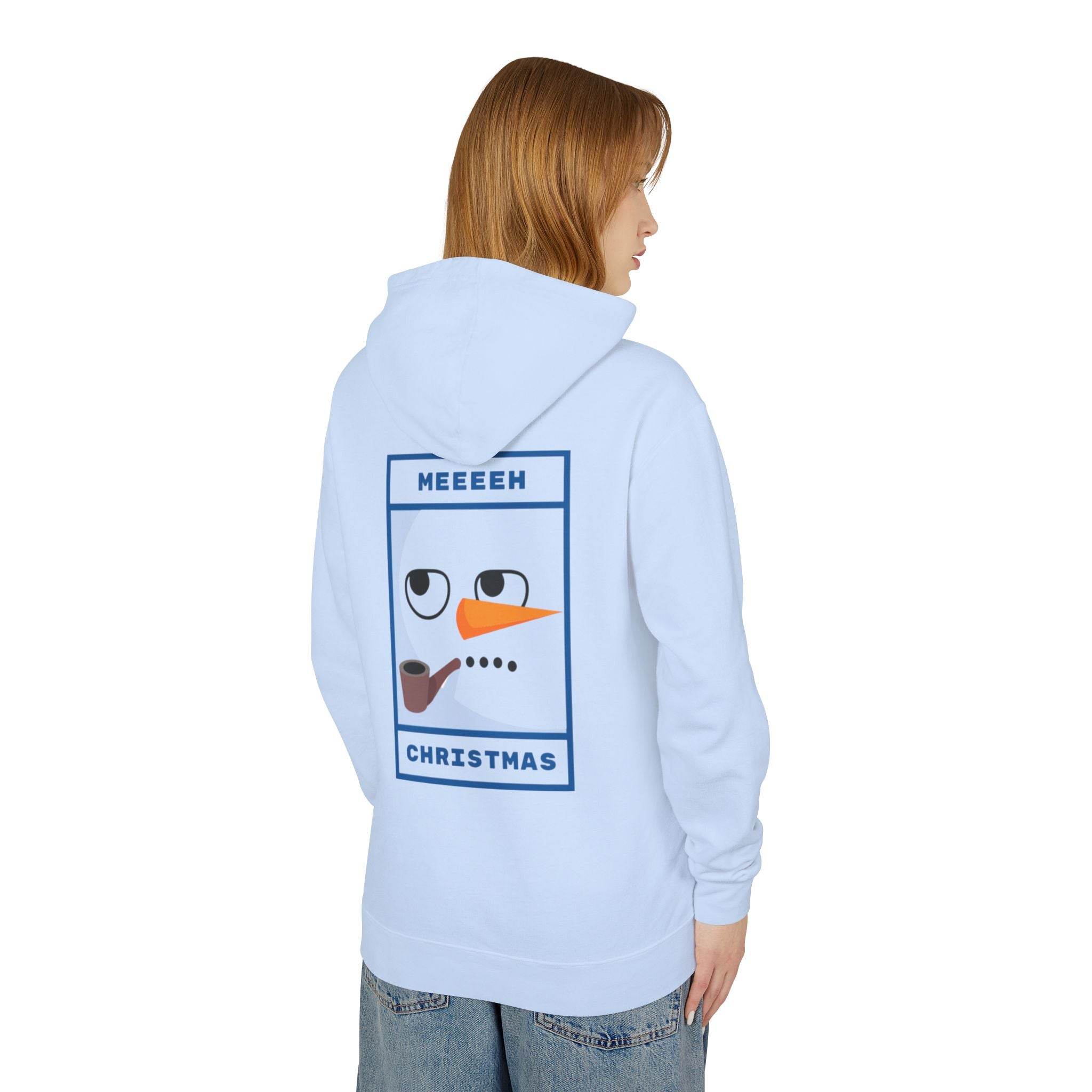 Printify light blue hoodie with back snowman graphic and pipe saying MEEEEH CHRISTMAS eco-friendly ugly Christmas hoodie