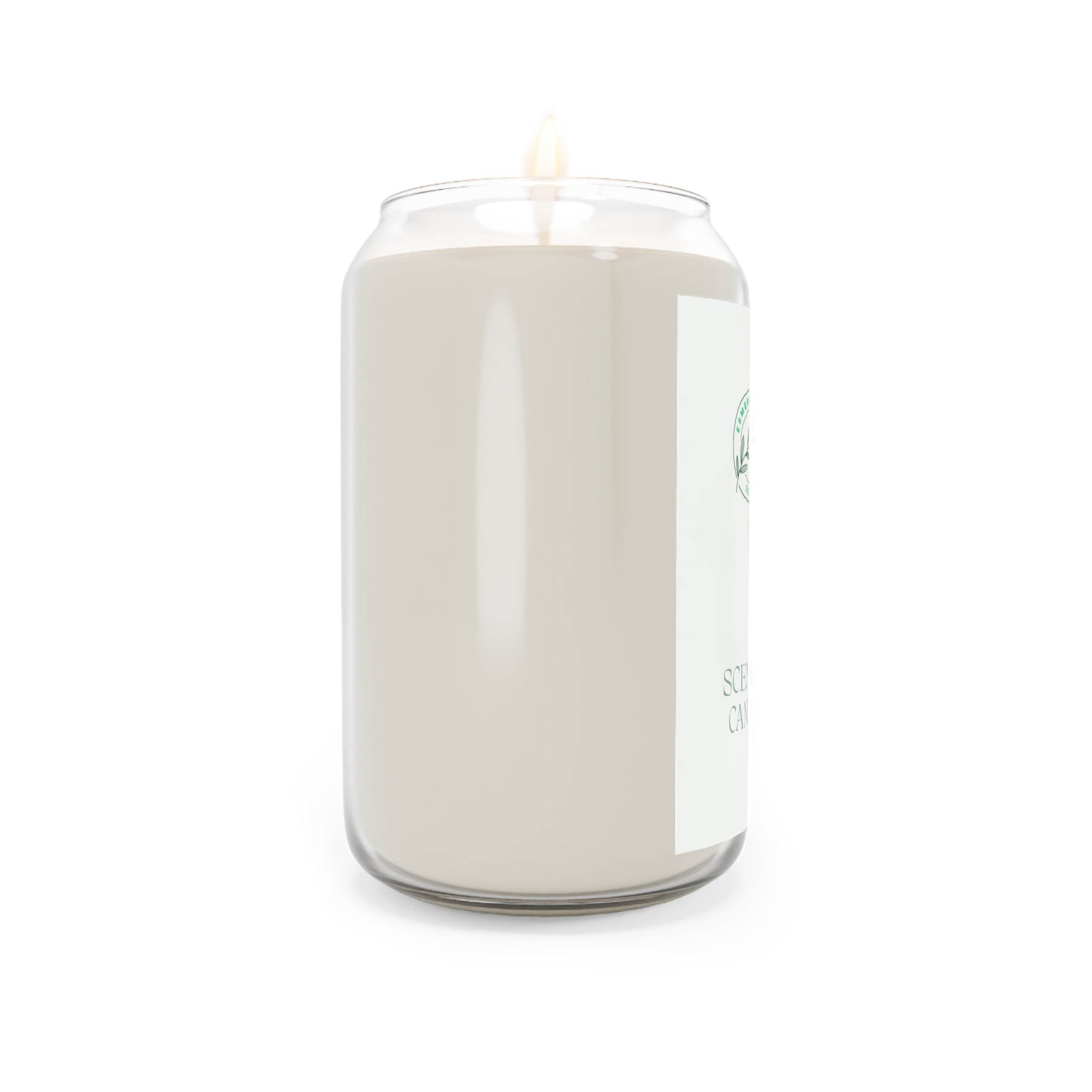 Printify eco-friendly scented candle in a clear glass jar with a lit wick and white wax