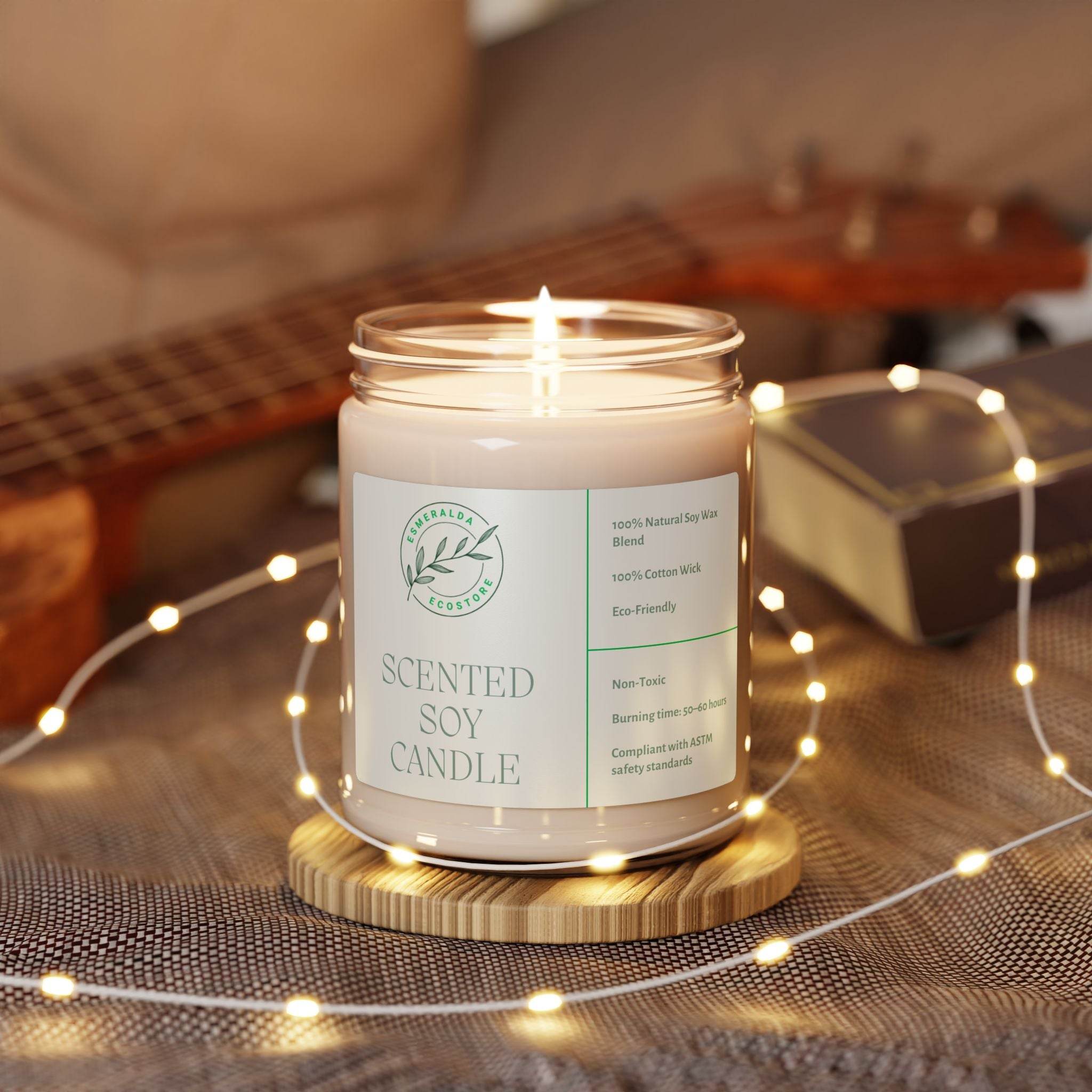 Printify eco-friendly scented soy candle burning in a clear glass jar with cotton wick and natural design