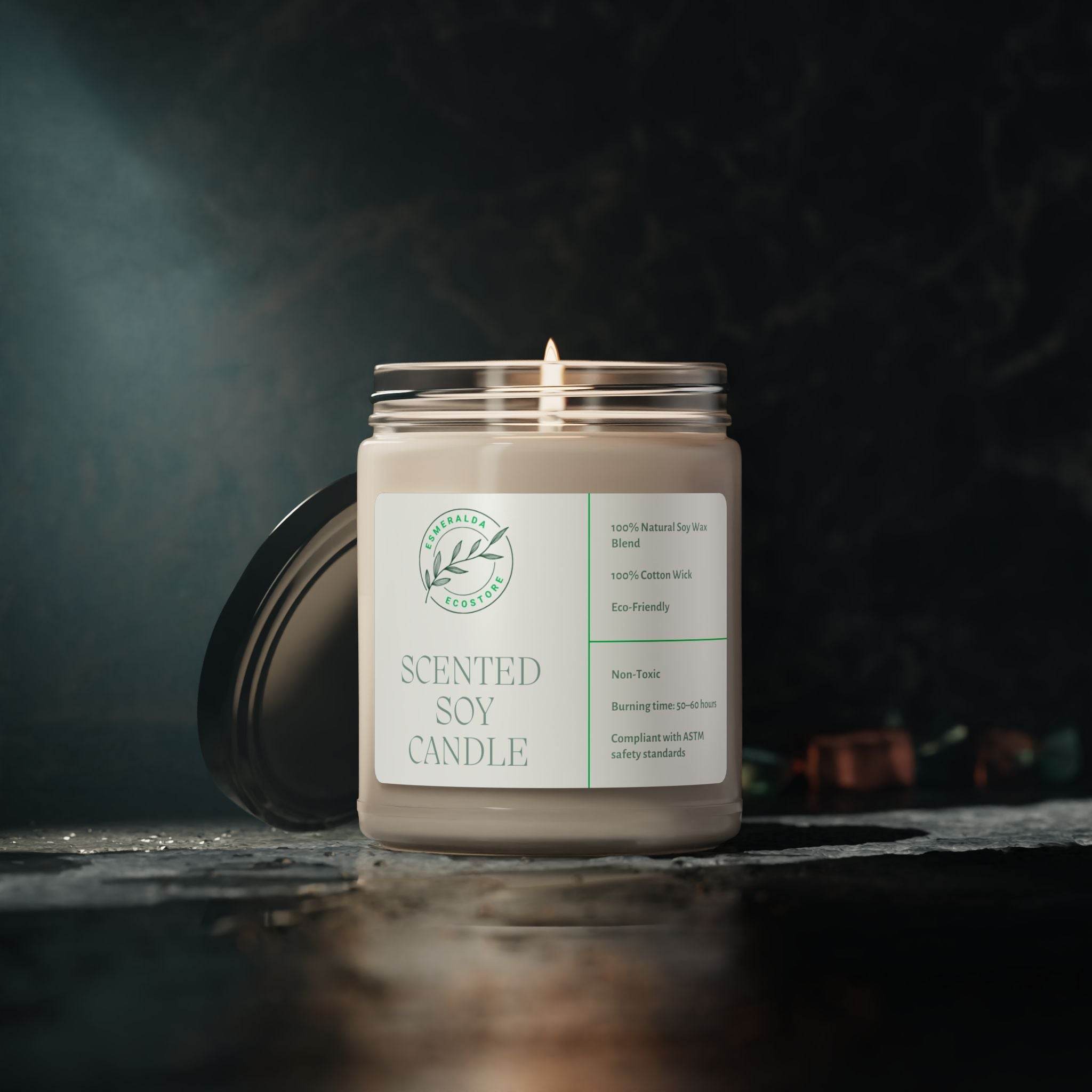 Printify eco-friendly scented soy candle in a glass jar with a lit wick and black lid on the side
