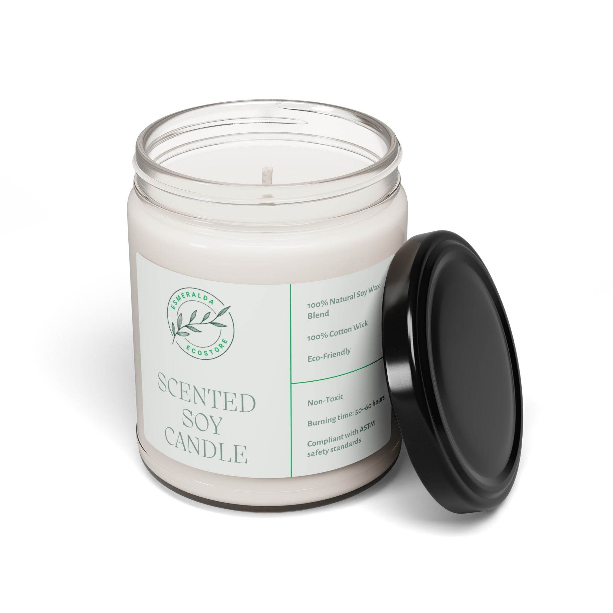 Printify eco-friendly scented soy candle in glass jar with black lid and natural soy wax label