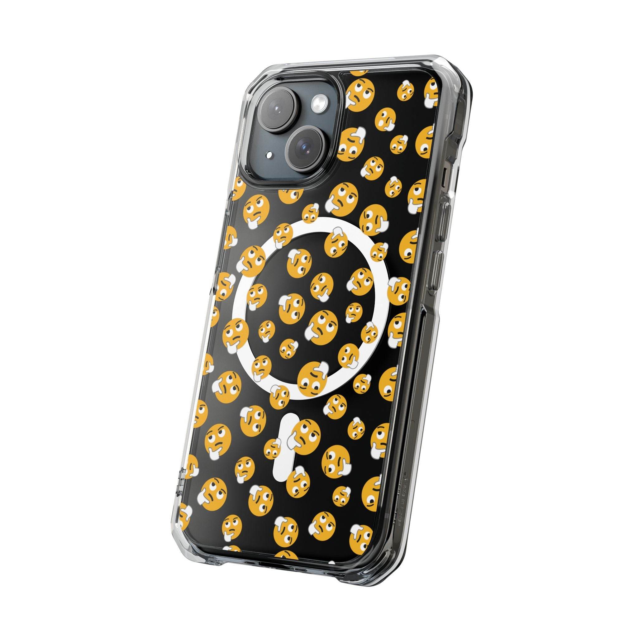 Printify eco-friendly magnetic phone case with yellow emoji pattern on black background for iPhone