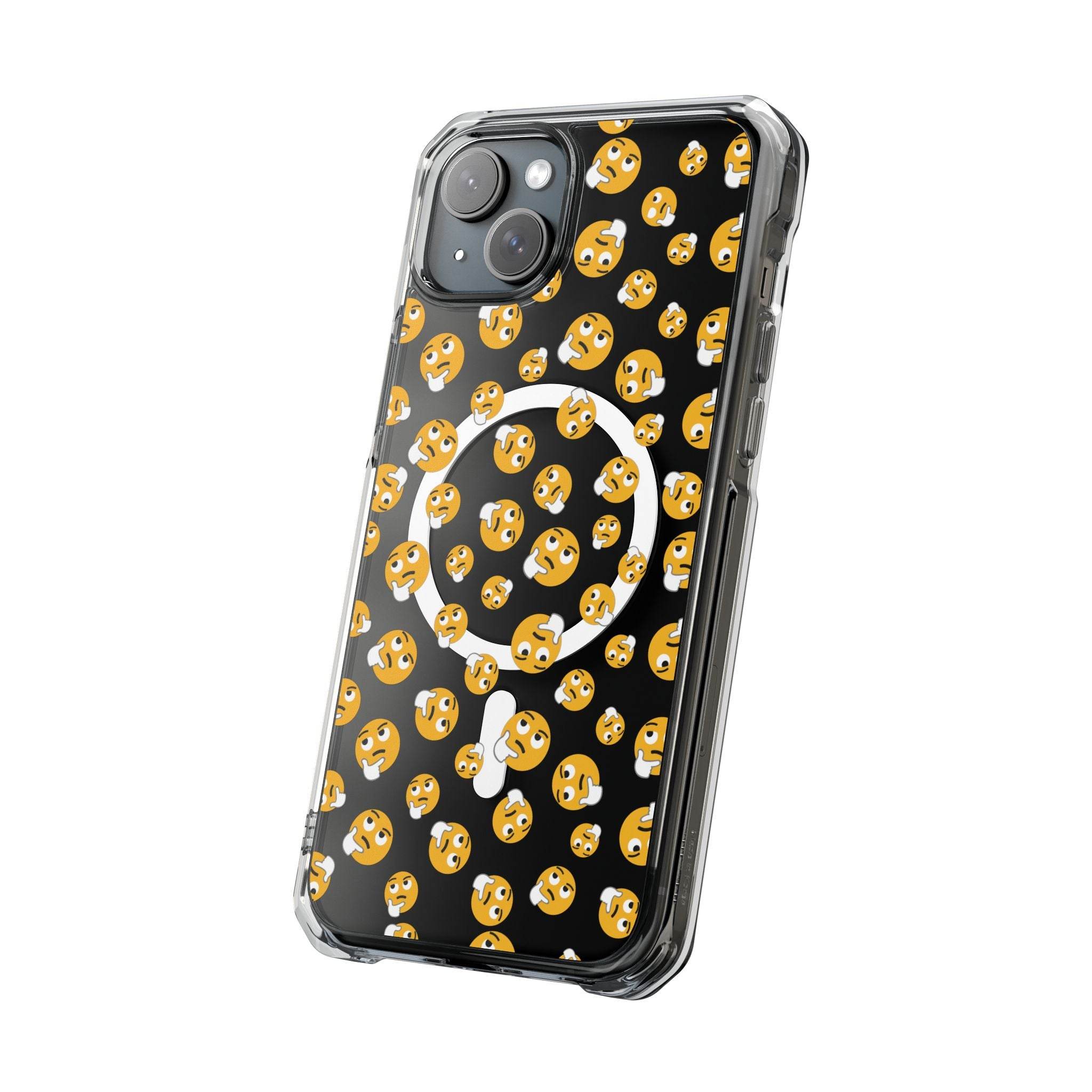 Printify eco-friendly magnetic phone case with yellow emoji pattern on black background