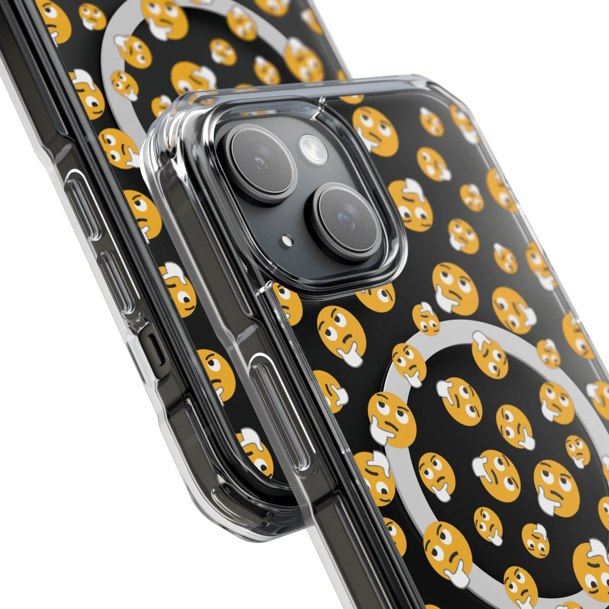 Printify eco-friendly magnetic phone case with clear edges and thinking face emoji pattern