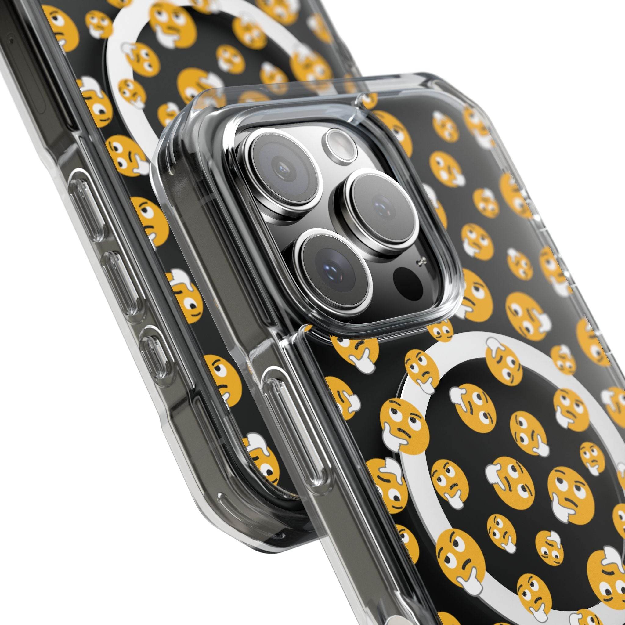 Printify eco-friendly magnetic phone case with transparent edges and thinking face emoji pattern