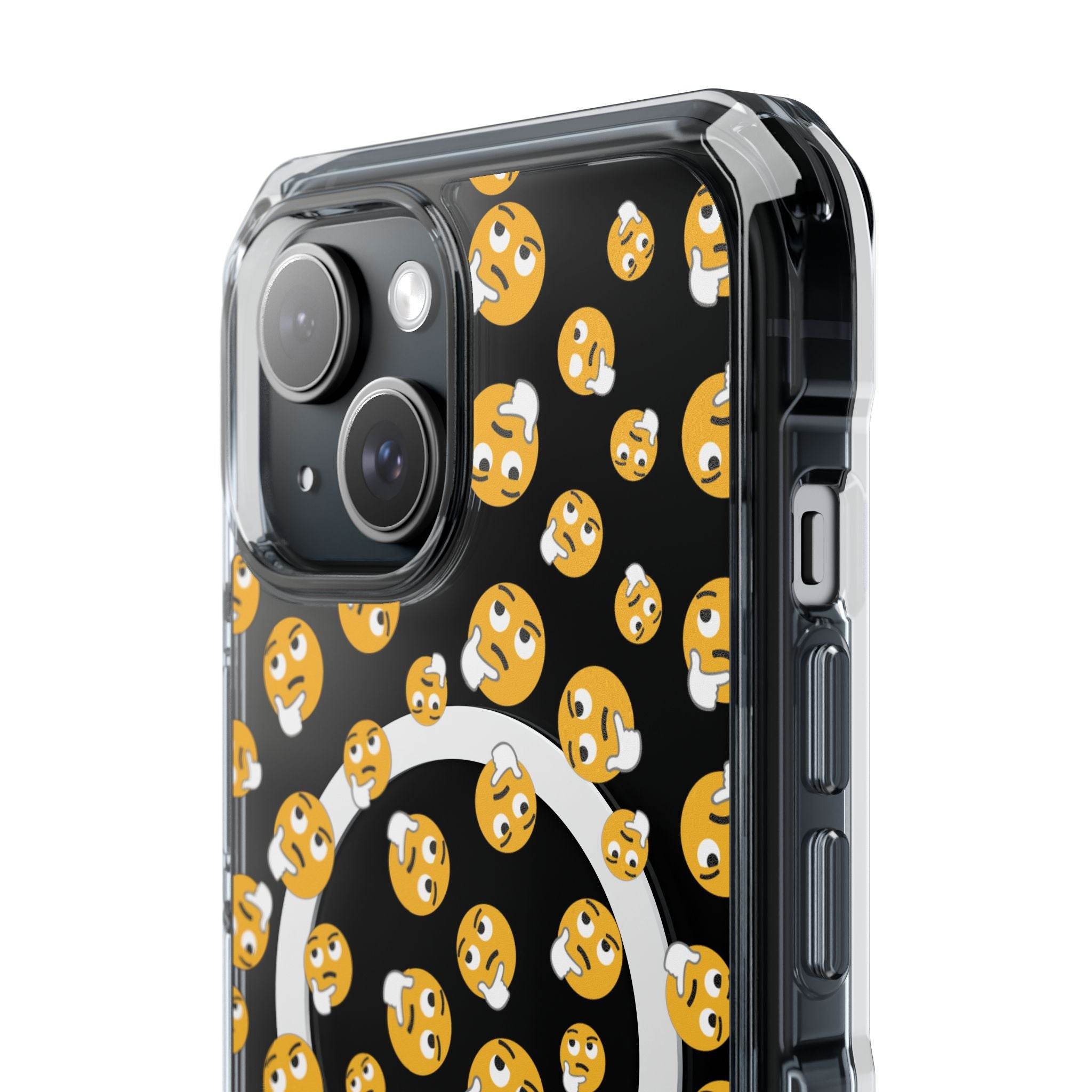 Printify eco-friendly magnetic phone case with black background and multiple thinking face emoji design