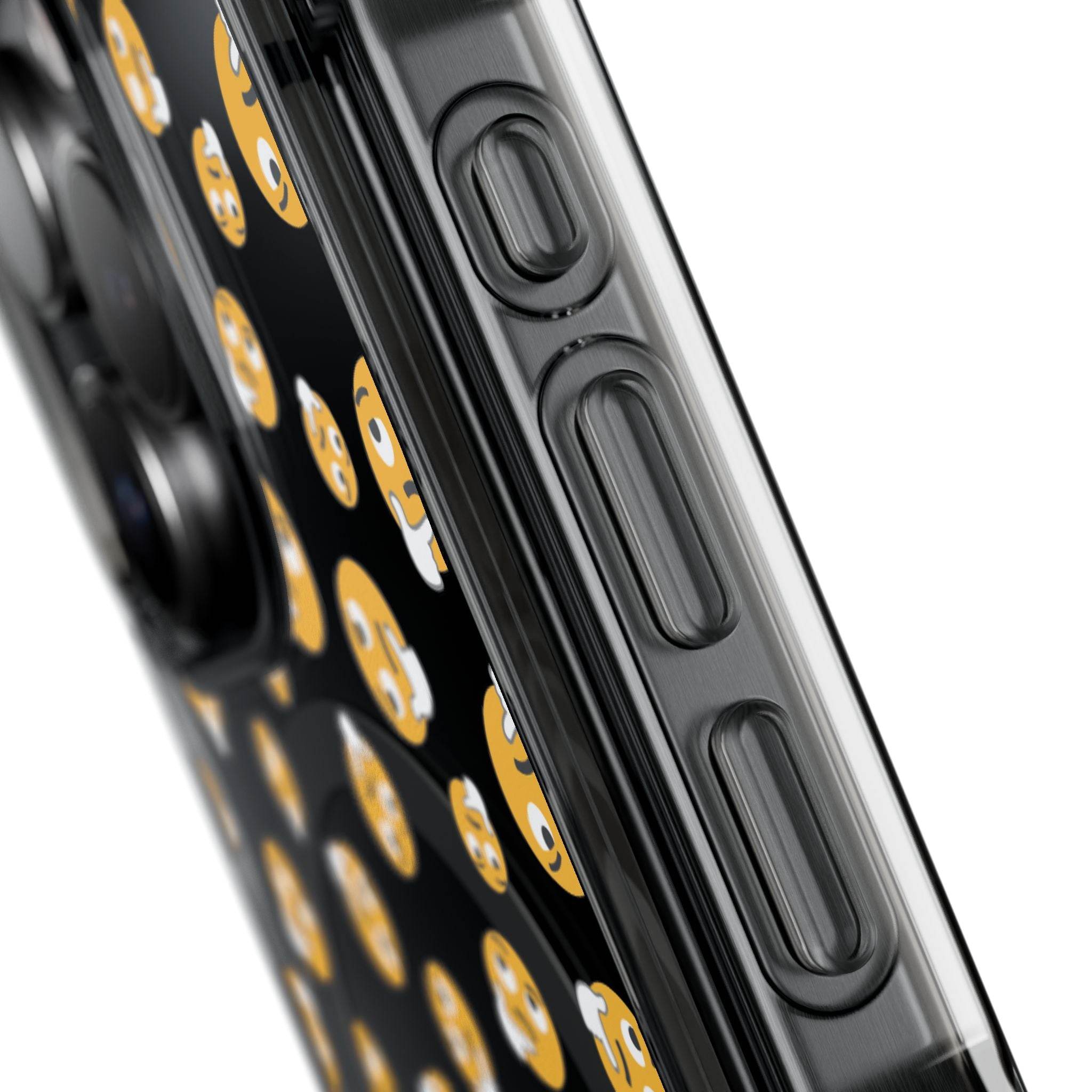 Printify eco-friendly magnetic phone case with black background and emoji pattern showing side buttons