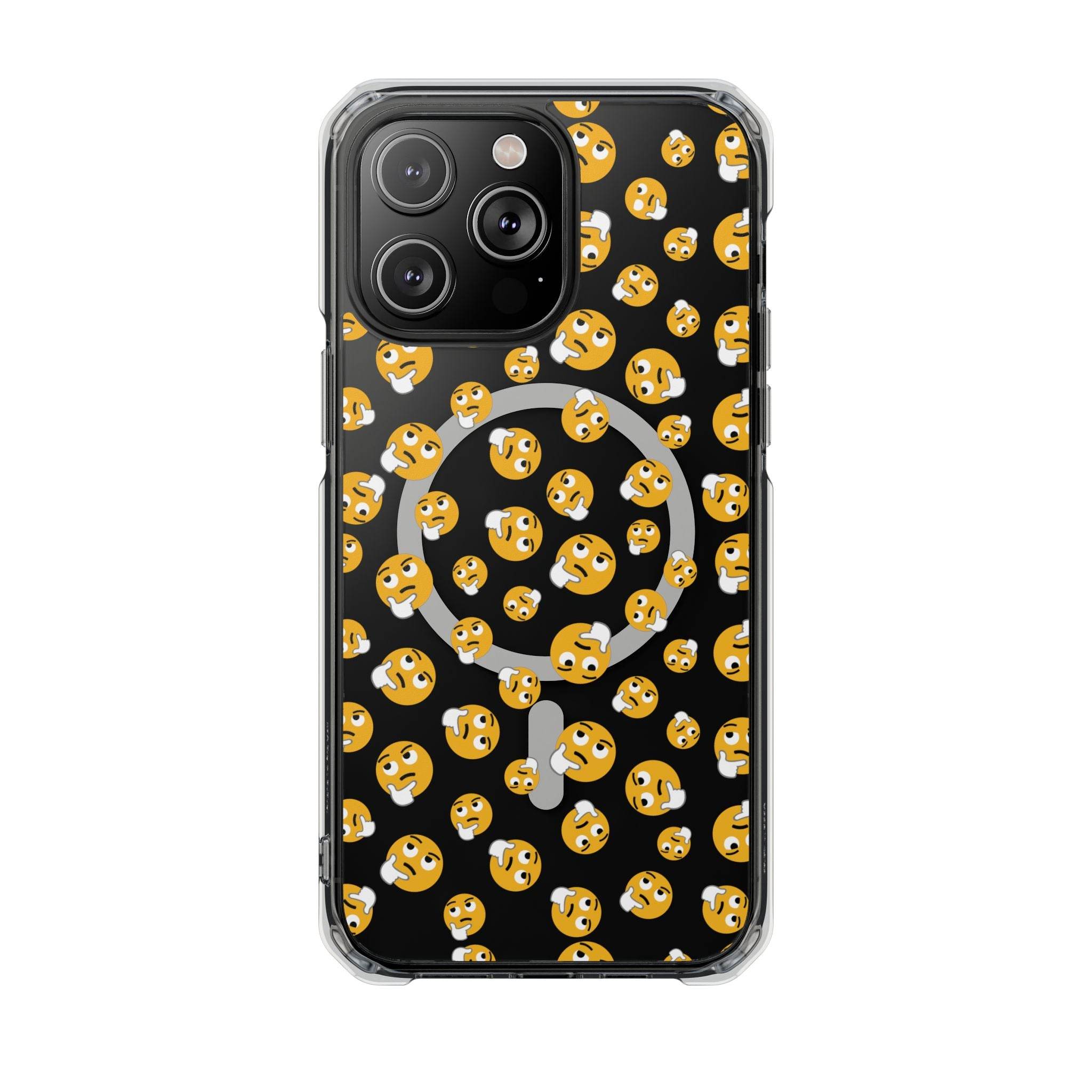 Printify eco-friendly magnetic phone case featuring a black background with multiple thinking face emojis