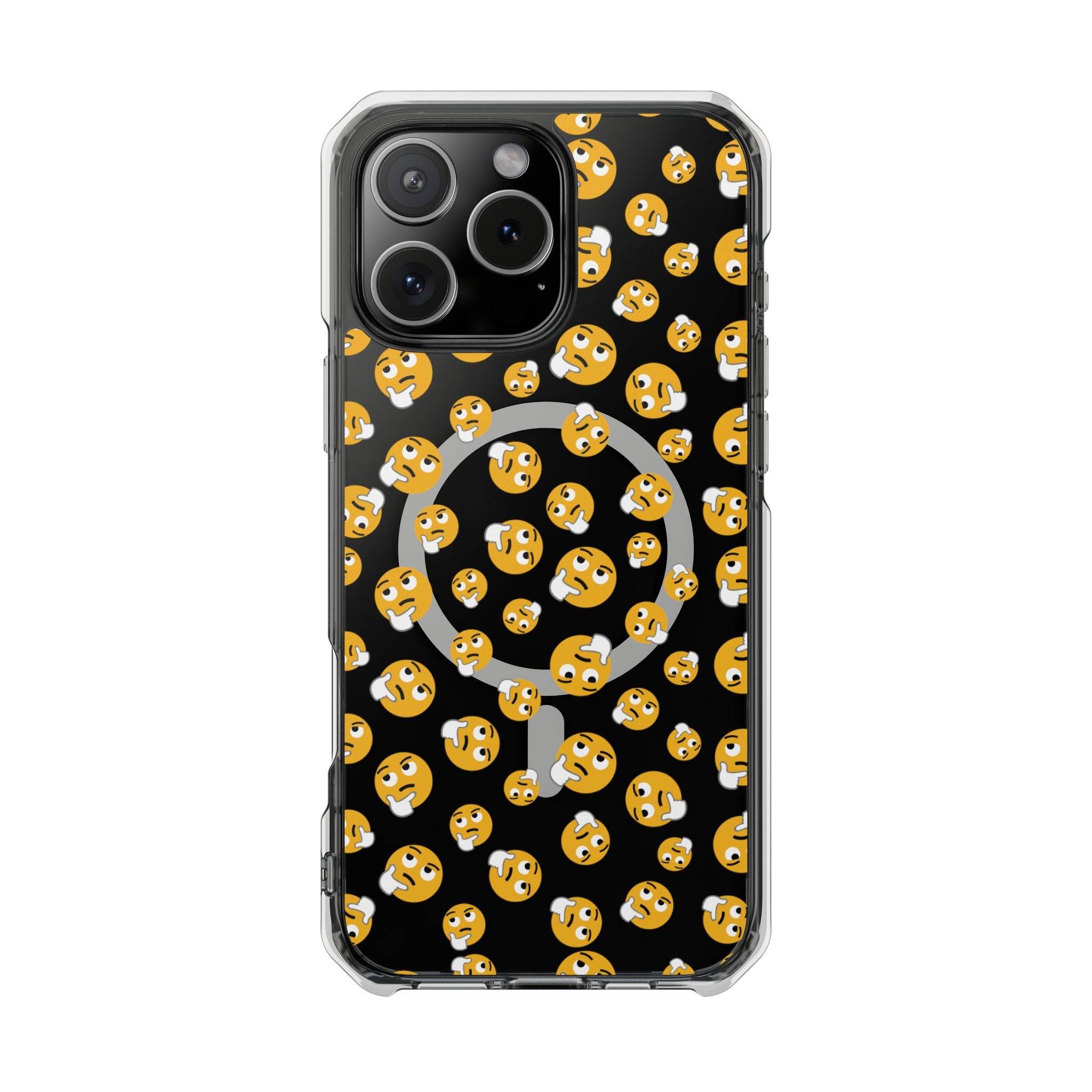 Printify eco-friendly magnetic phone case with black background and funny yellow emoji pattern