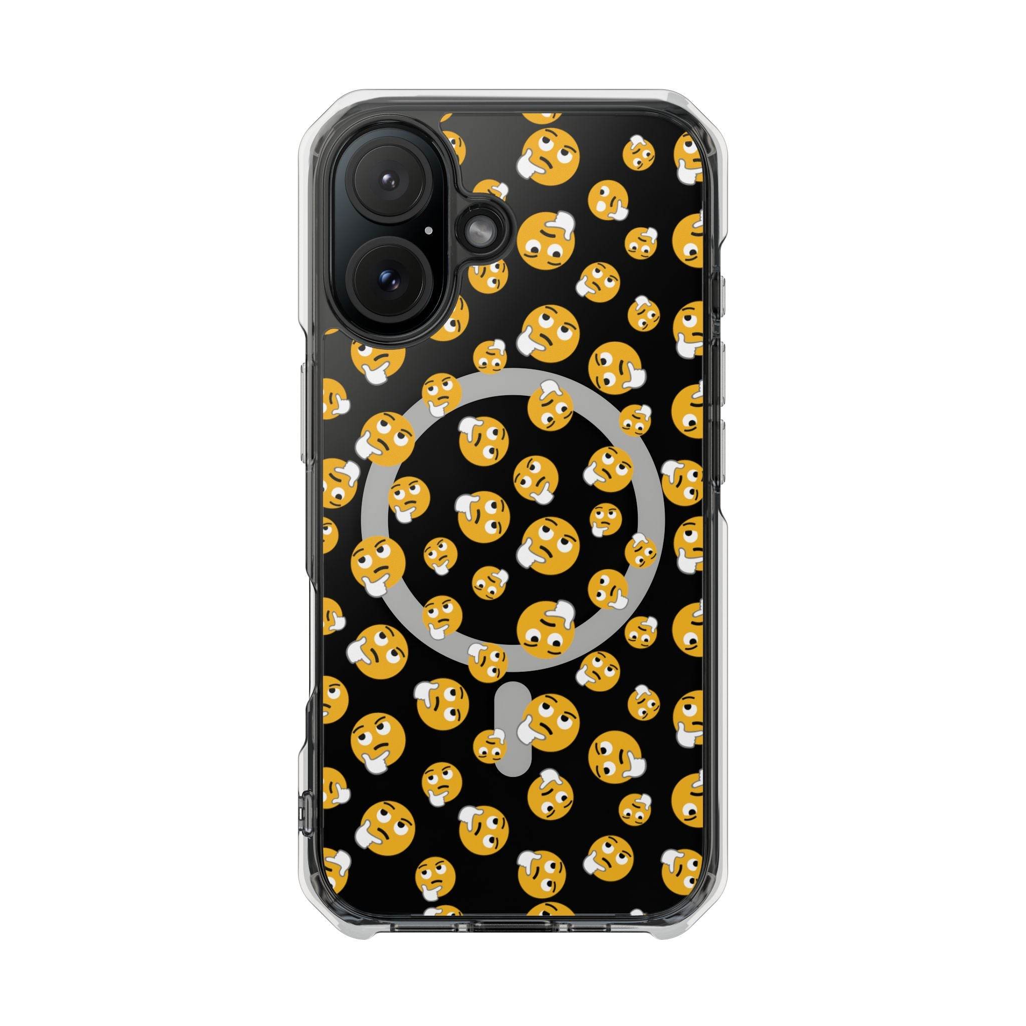 Printify eco-friendly magnetic phone case with black background and multiple thinking face emoji pattern