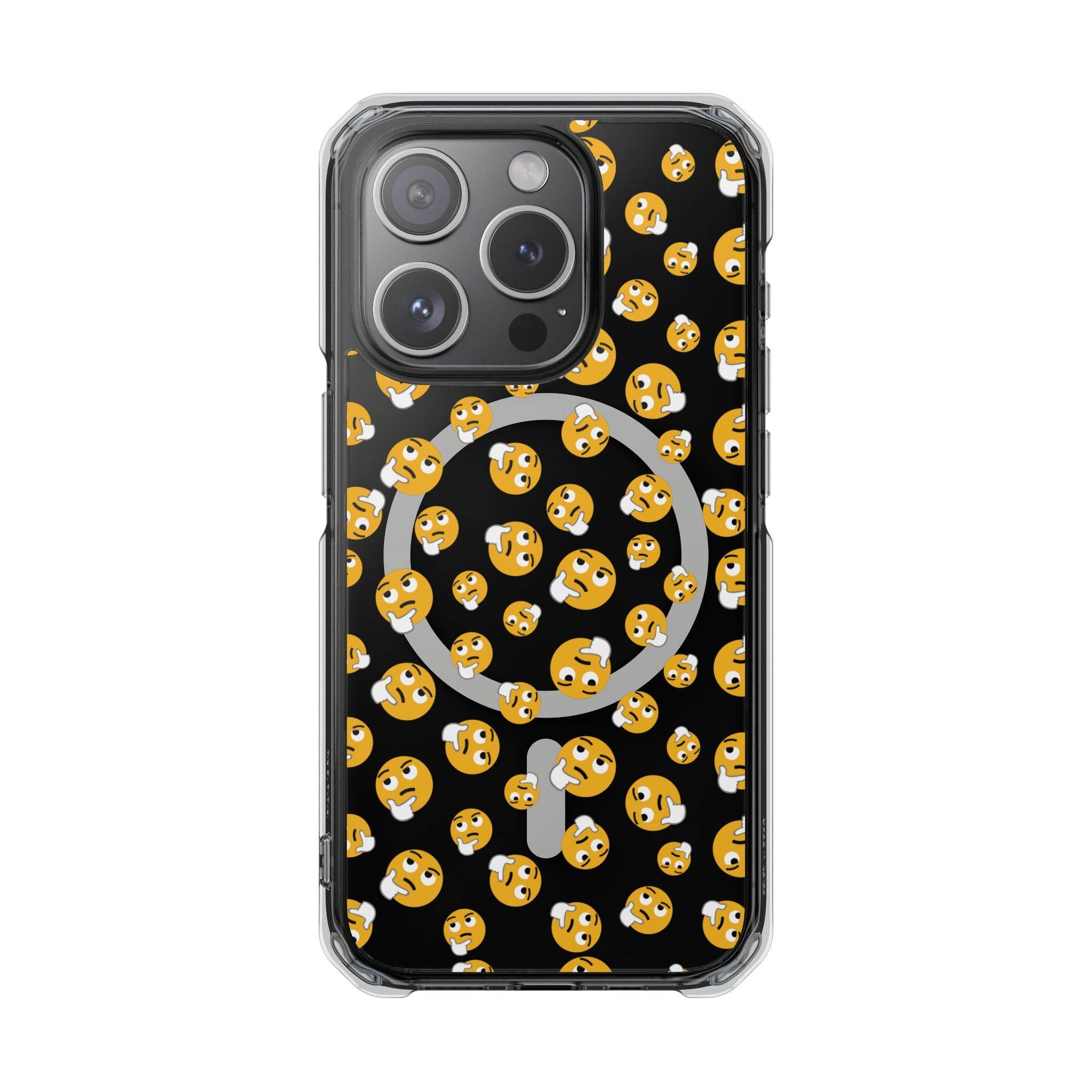 Printify eco-friendly magnetic phone case with black background and multiple thinking face emojis