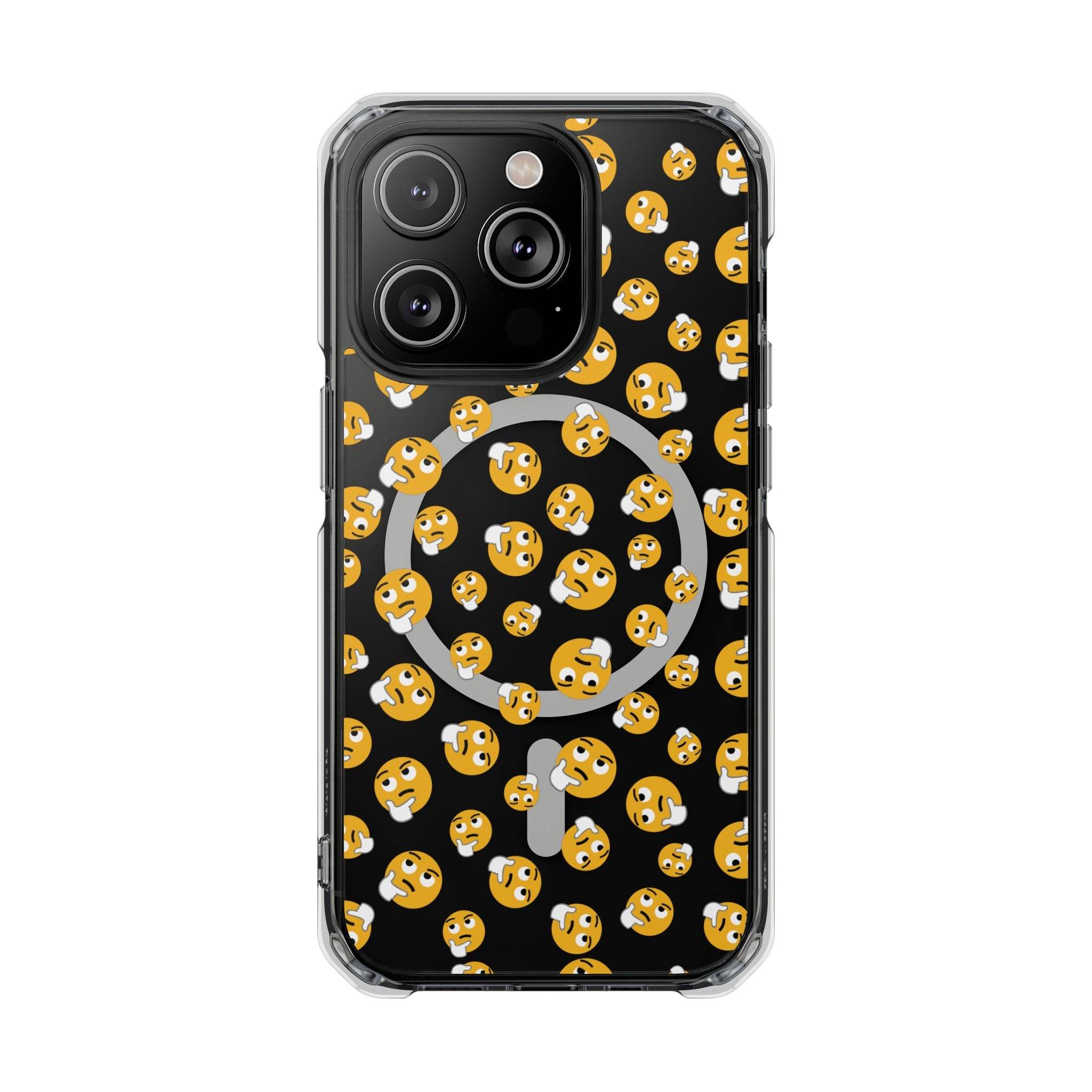 Printify eco-friendly magnetic phone case with yellow thinking face emoji pattern on black background