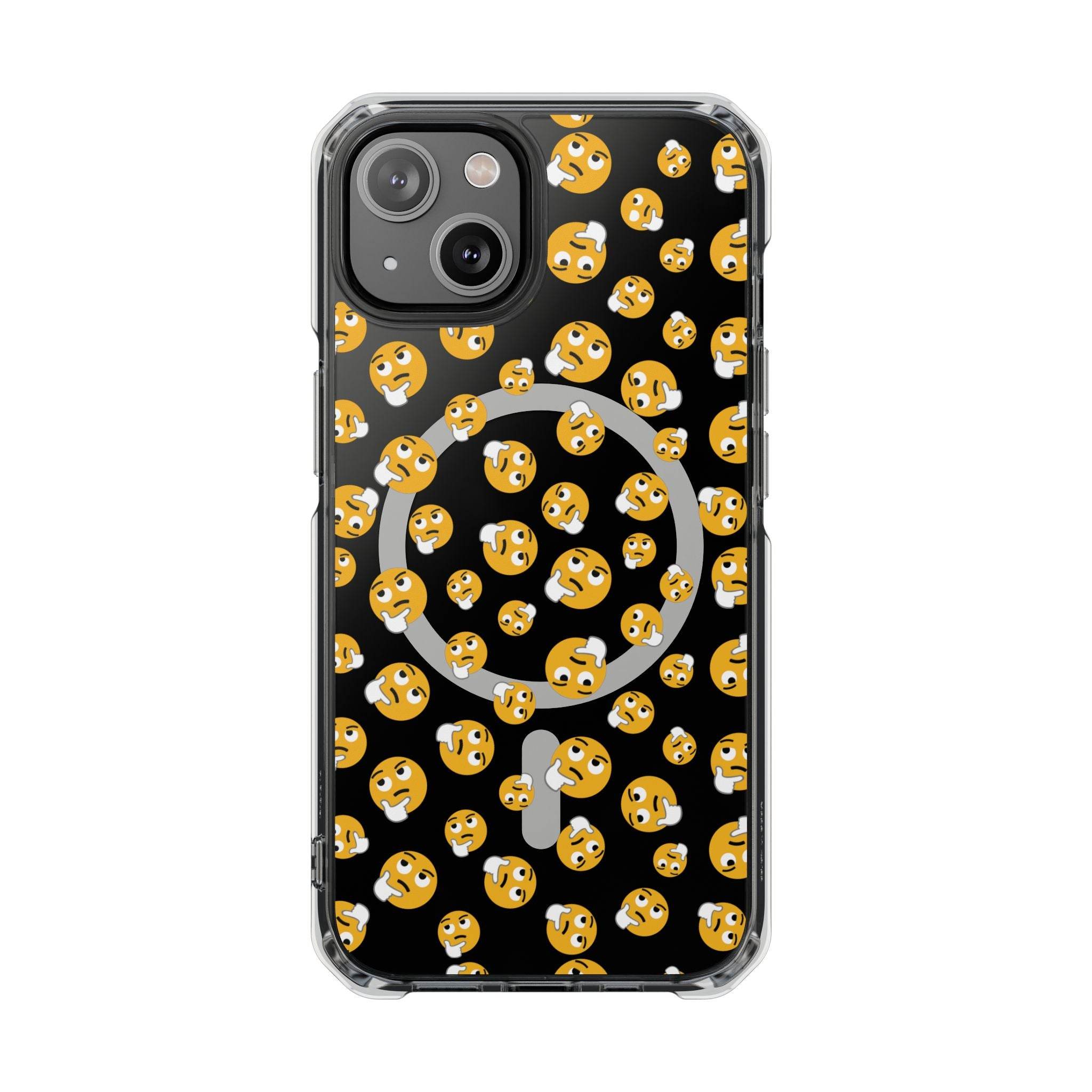 Printify eco-friendly magnetic phone case with black background and scattered thinking face emojis design
