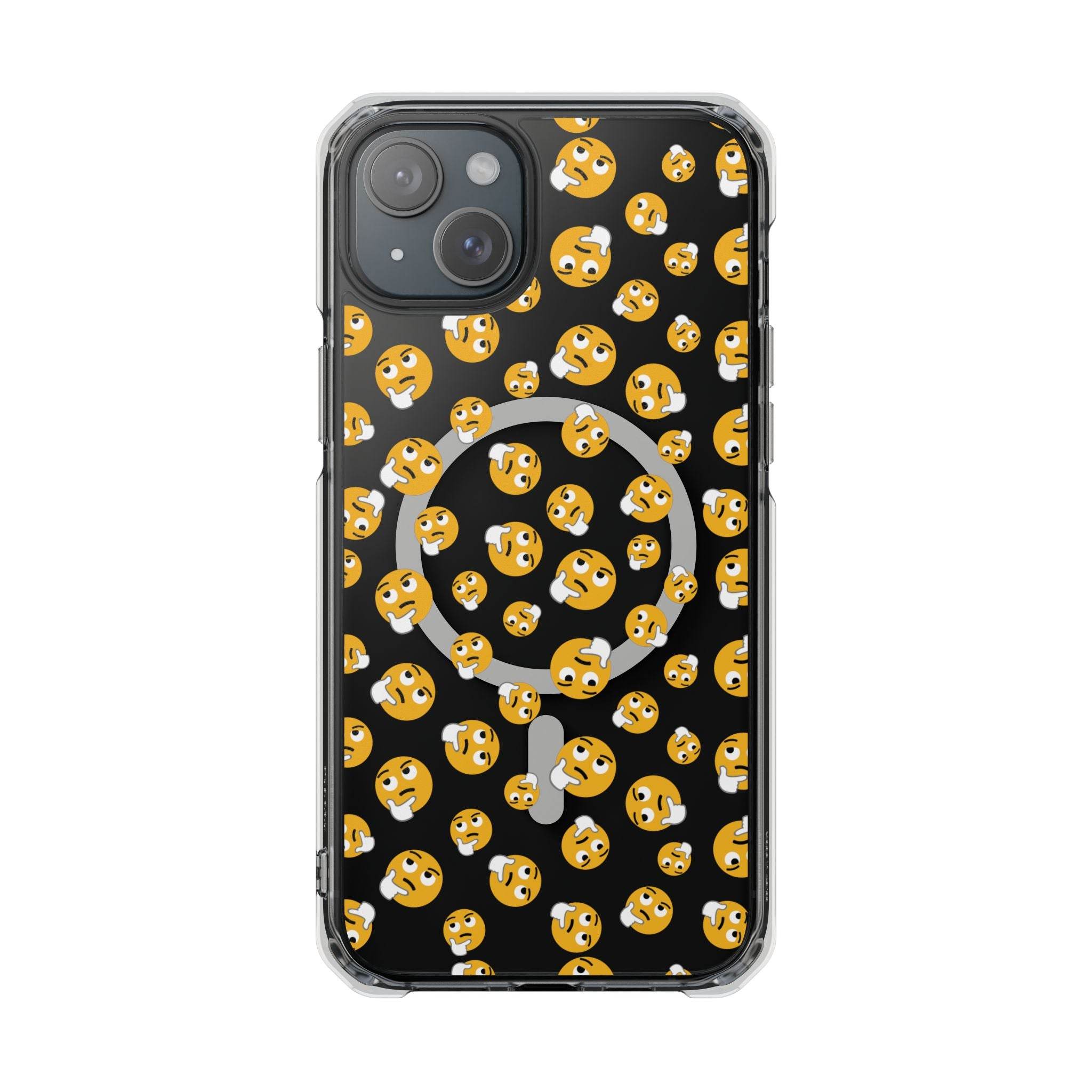 Printify eco-friendly magnetic phone case with black background and multiple yellow thinking face emojis