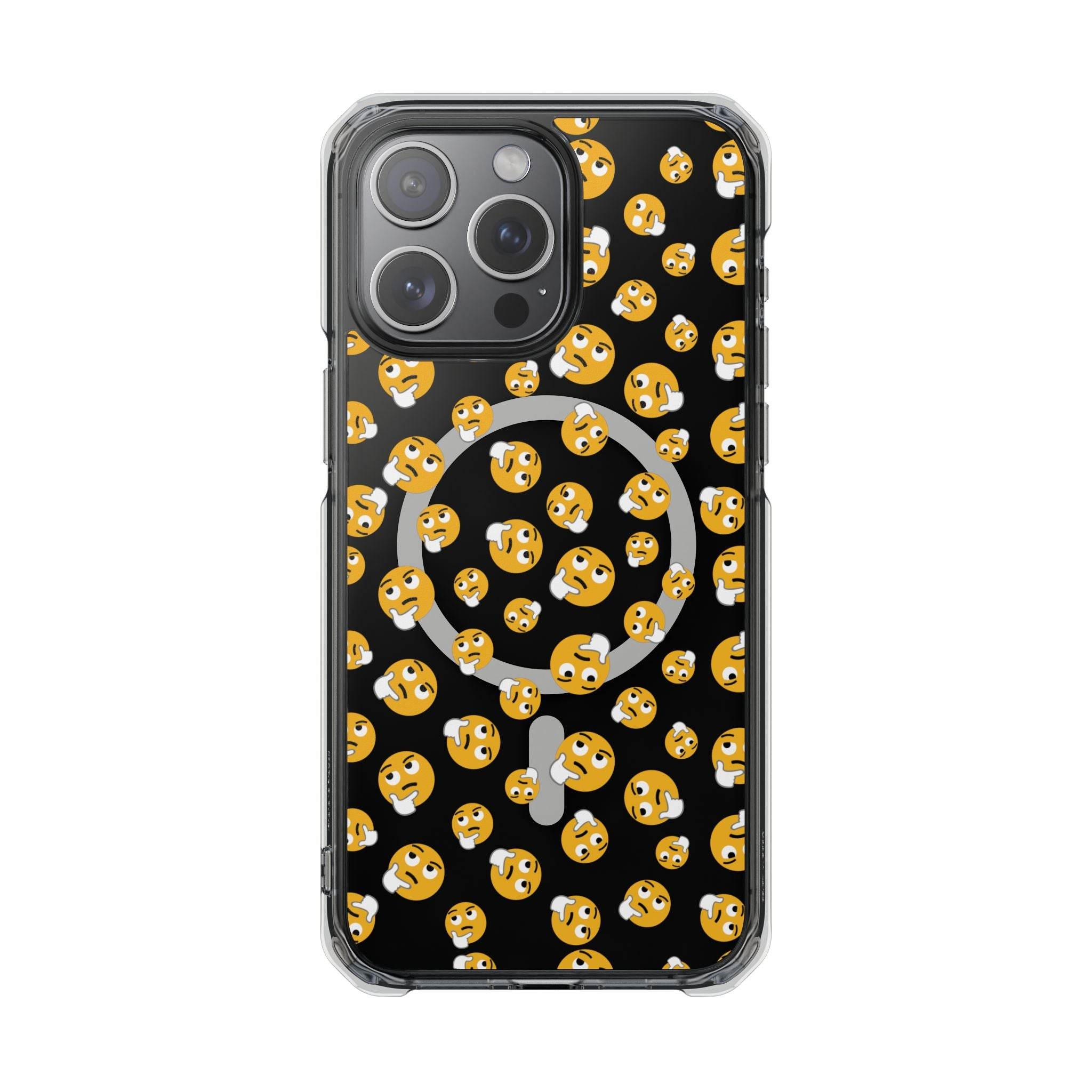 Printify eco-friendly magnetic phone case with multiple thinking face emoji pattern on black background