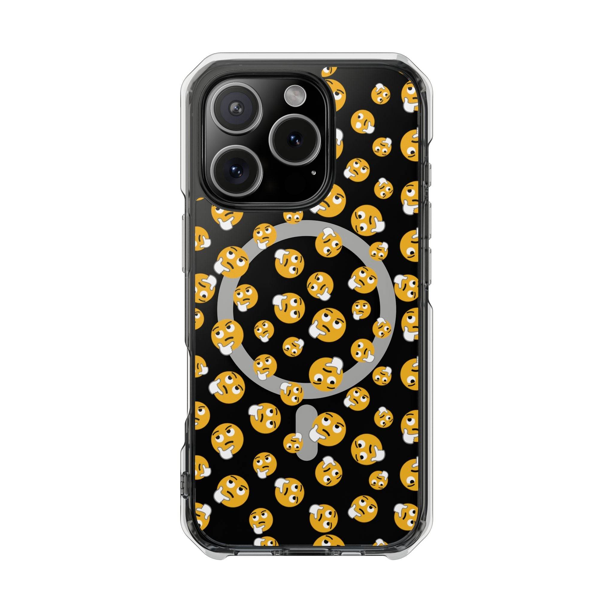Printify eco-friendly magnetic phone case with smiling emoji pattern on black background