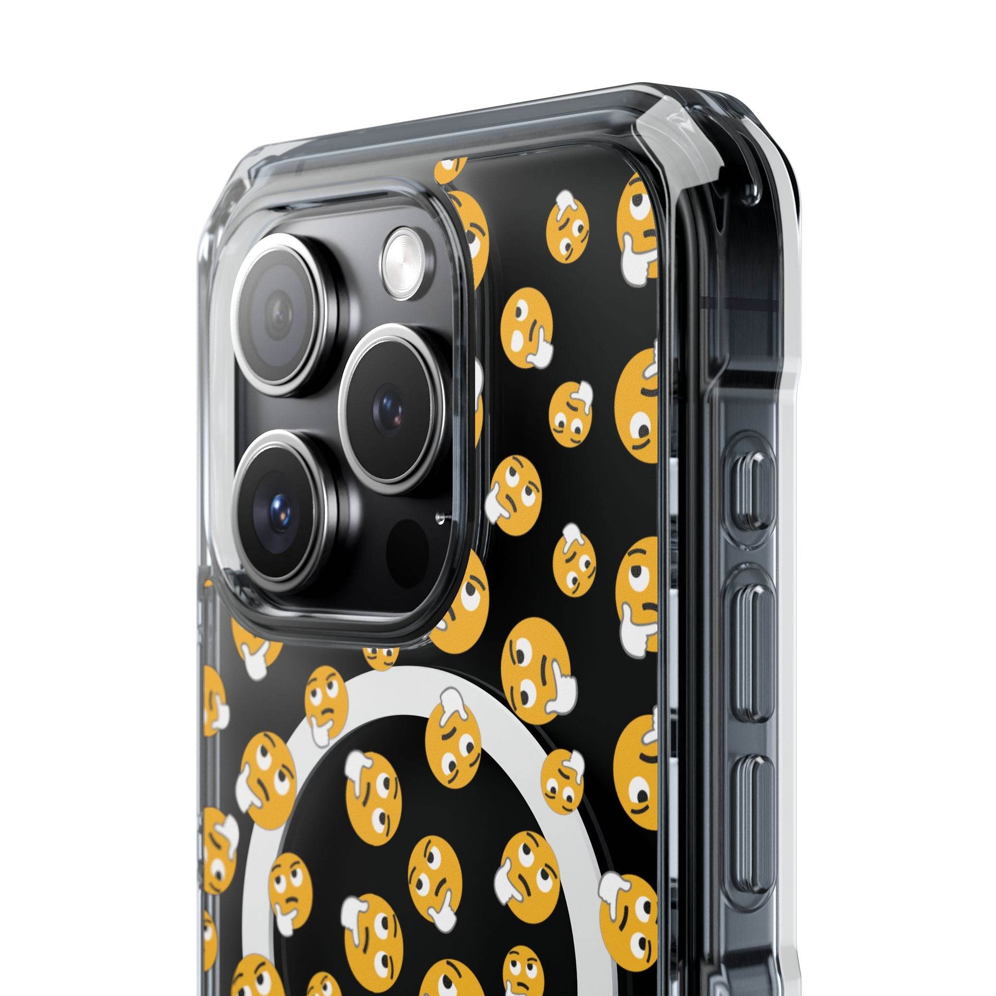 Printify eco-friendly magnetic phone case with black background and thinking face emoji pattern