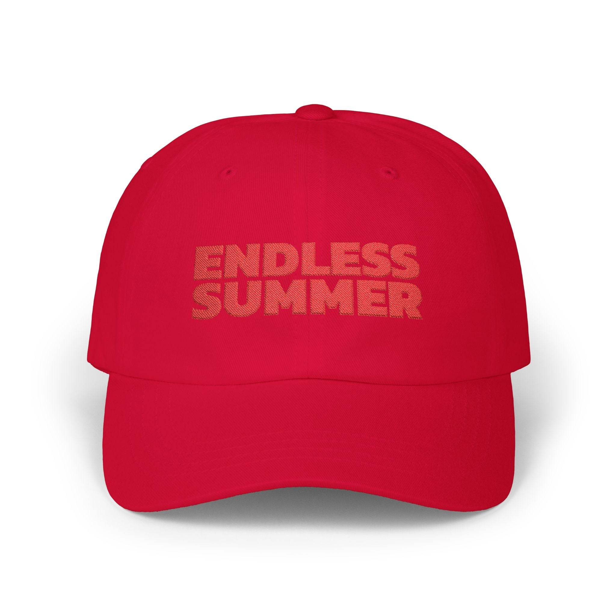 Red eco-friendly dad cap by Printify with Endless Summer embroidered text on front