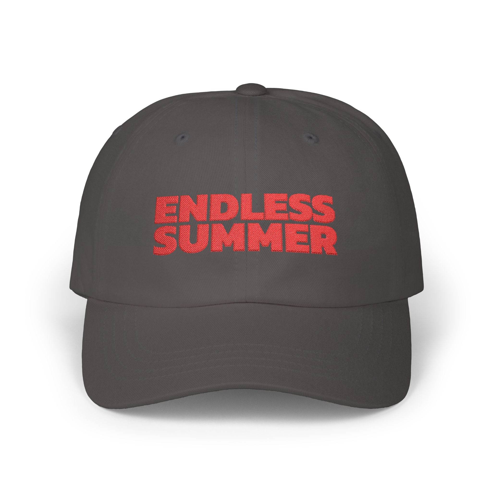 Eco-friendly dad cap by Printify with Endless Summer red text embroidery on dark fabric
