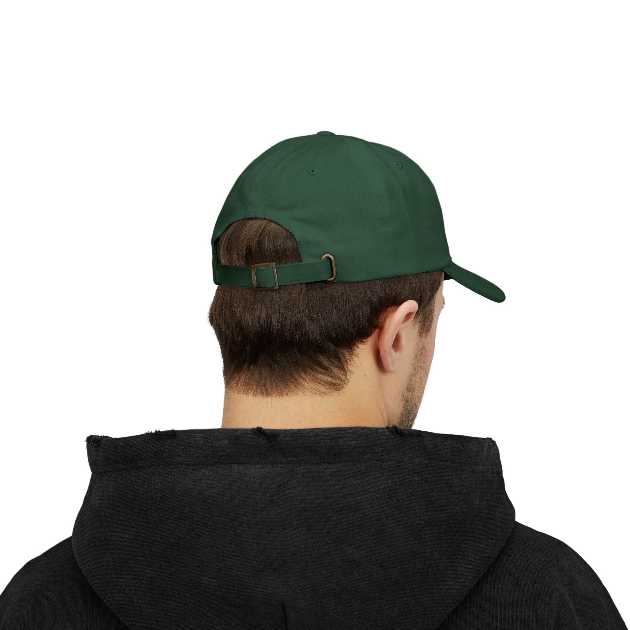Back view of eco-friendly dad cap in green worn by a person with black hoodie from Printify