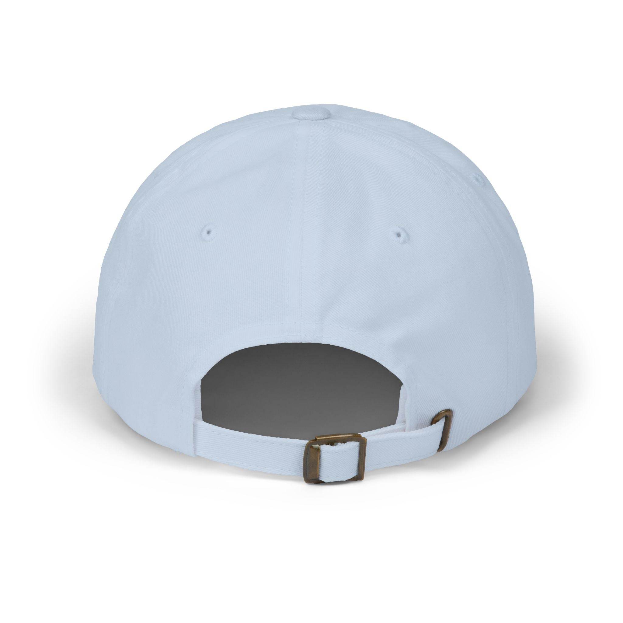 Light blue eco-friendly dad cap by Printify with adjustable strap and metal buckle shown from the back