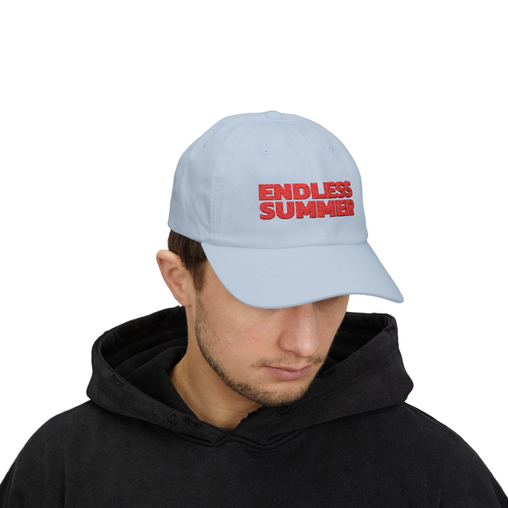 Printify eco-friendly dad cap in light blue with red Endless Summer embroidery on front