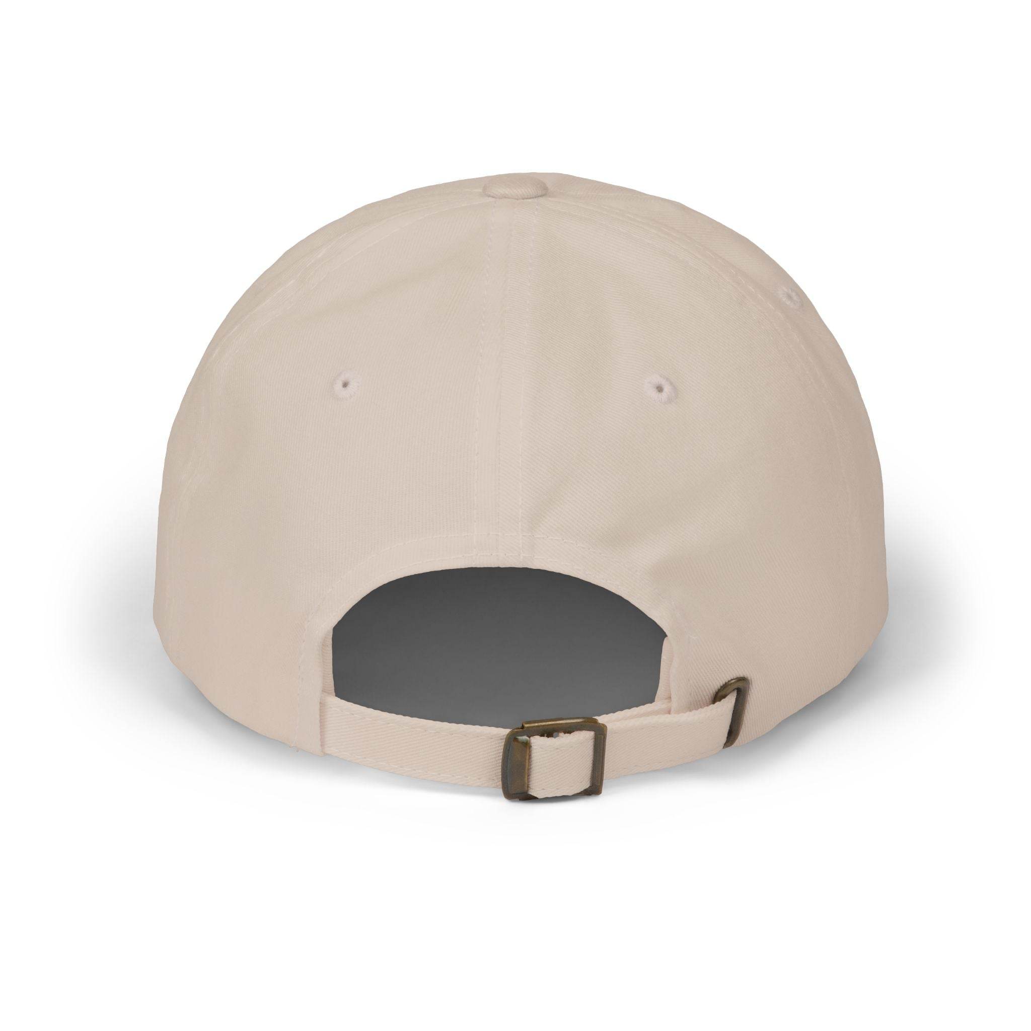 Back view of beige eco-friendly dad cap by Printify with adjustable strap and metal buckle
