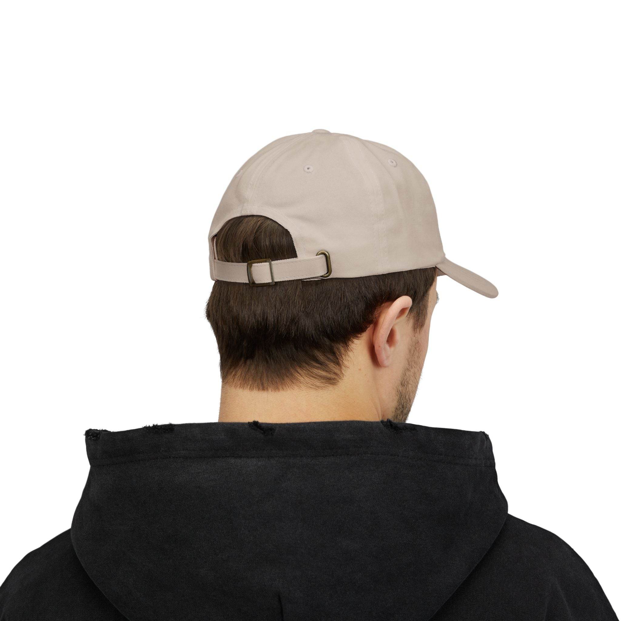 Back view of a man wearing a beige eco-friendly dad cap with adjustable strap by Printify