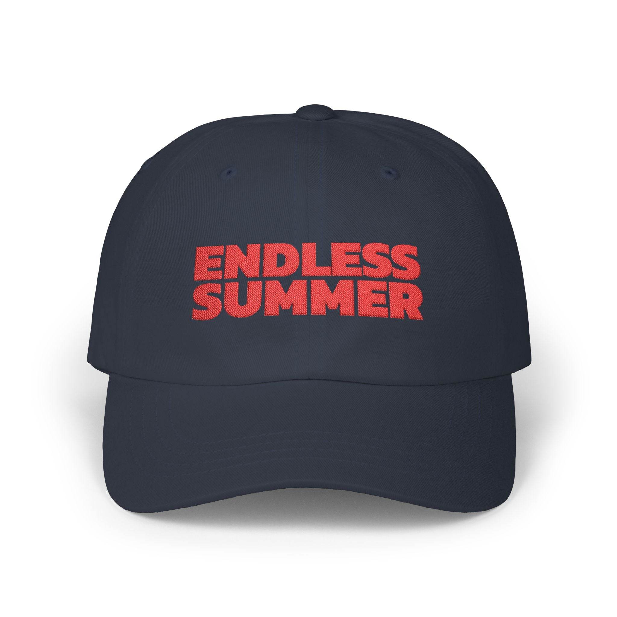 Printify eco-friendly dad cap in dark color with red Endless Summer text embroidered on front