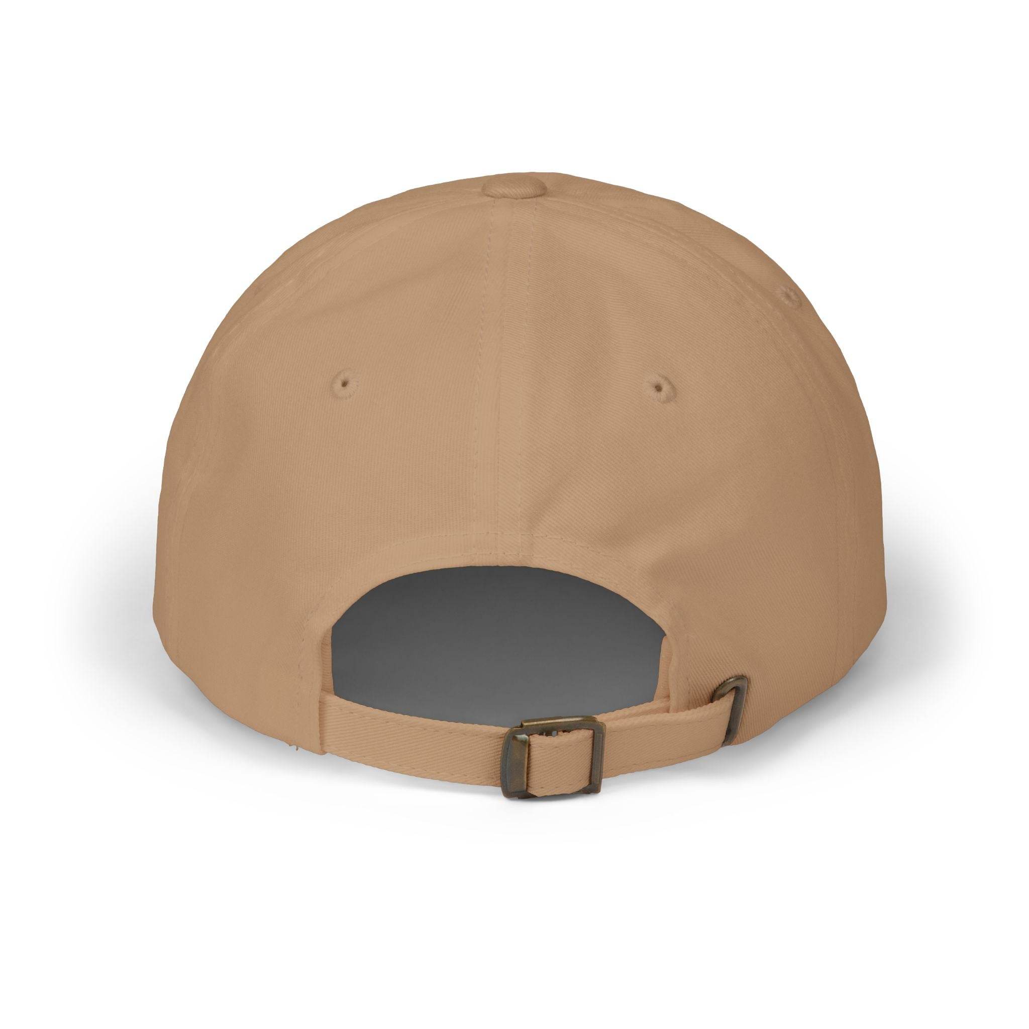 Back view of a beige eco-friendly dad cap with adjustable strap by Printify