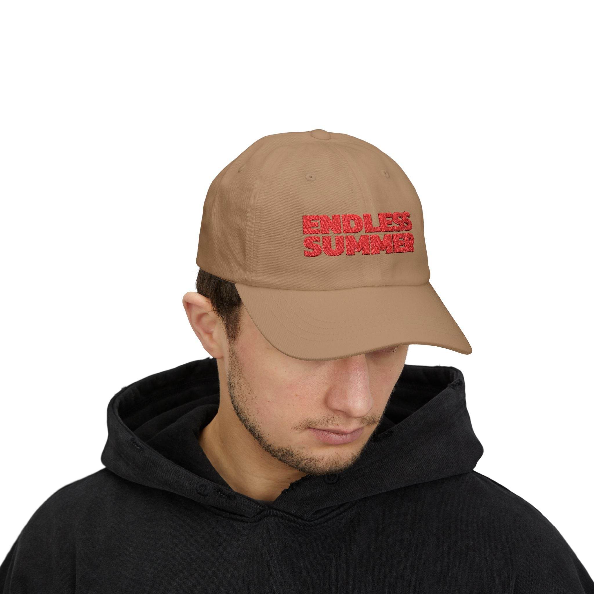 Printify eco-friendly dad cap in brown with red Endless Summer embroidery worn by man