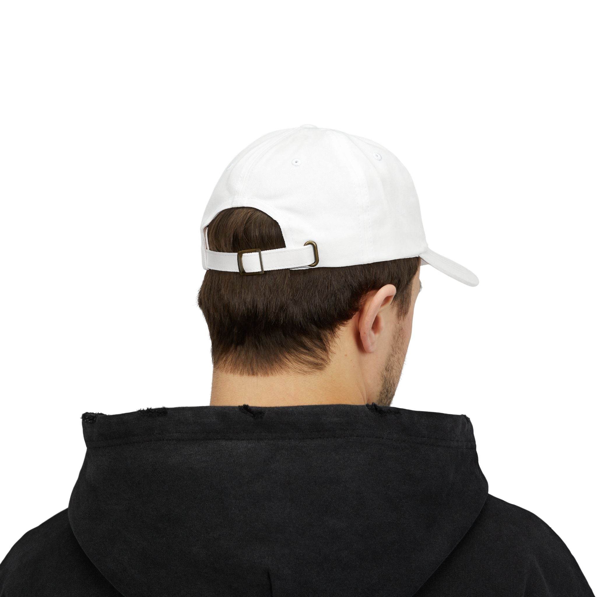 White eco-friendly dad cap by Printify worn by a man seen from the back with adjustable strap